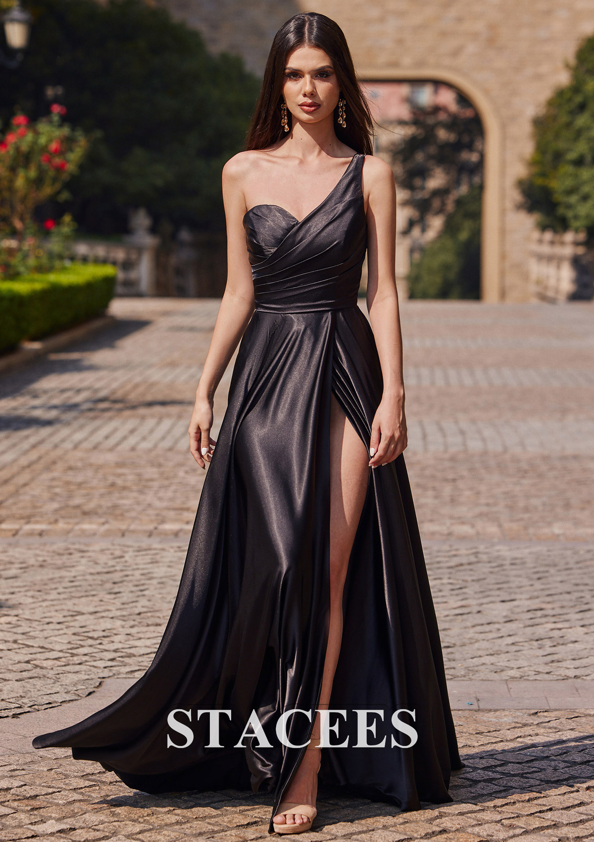 Black A-line One-Shoulder Sleeveless Sweep Train Charmeuse Prom Dress with Pleated Pockets Split - STACEES