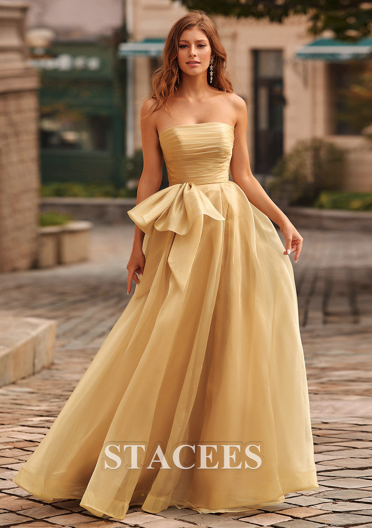 Gold Shiny A-line Organza Pleated Strapless Prom Dress with Bow Pockets - STACEES