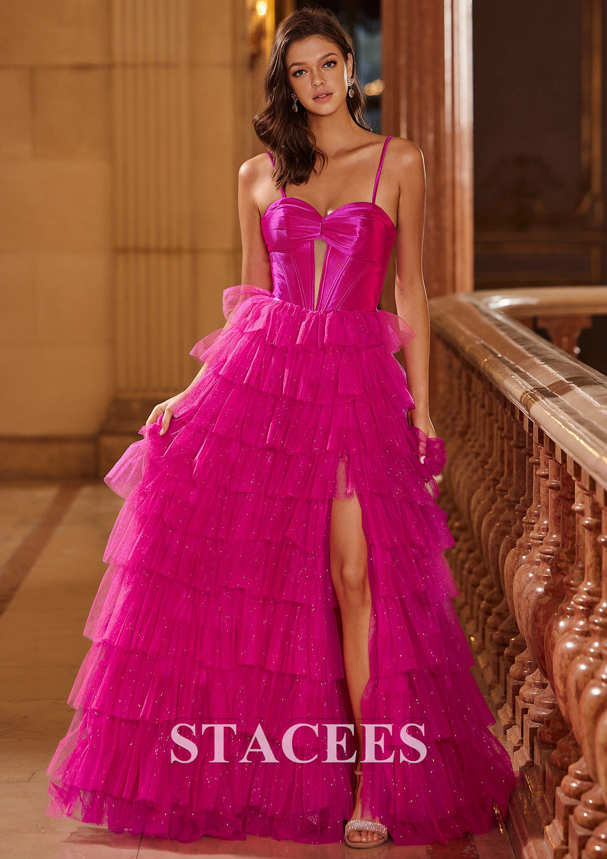 Fuchsia Trapèze princesse cache coeur tulle ras du sol robe de bal  - STACEES