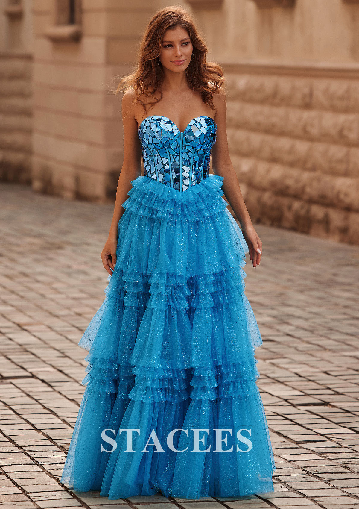 Ocean Blue A-line Princess Sweetheart Tulle Floor-Length Prom Dress with Ruffles Sequins Glitter - STACEES