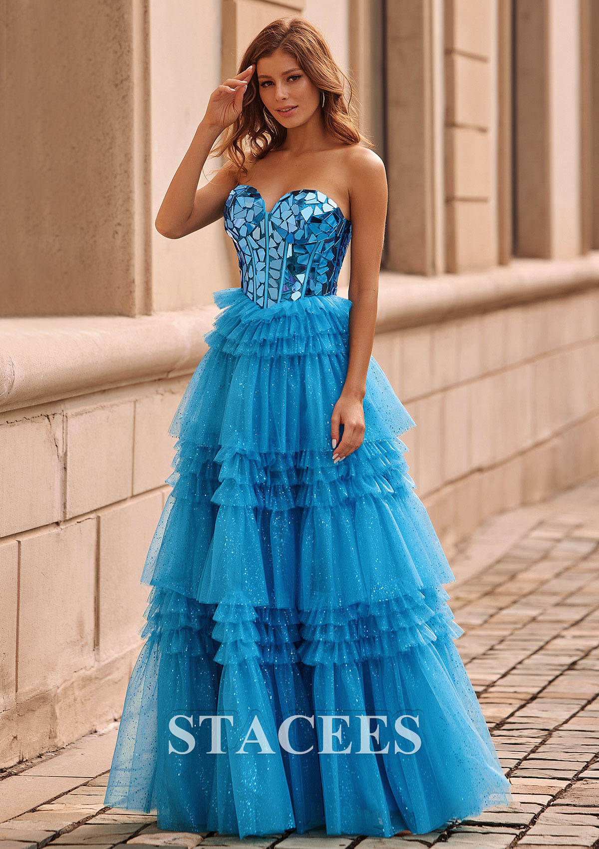 Ocean Blue A-line Princess Sweetheart Tulle Floor-Length Prom Dress with Ruffles Sequins Glitter - STACEES
