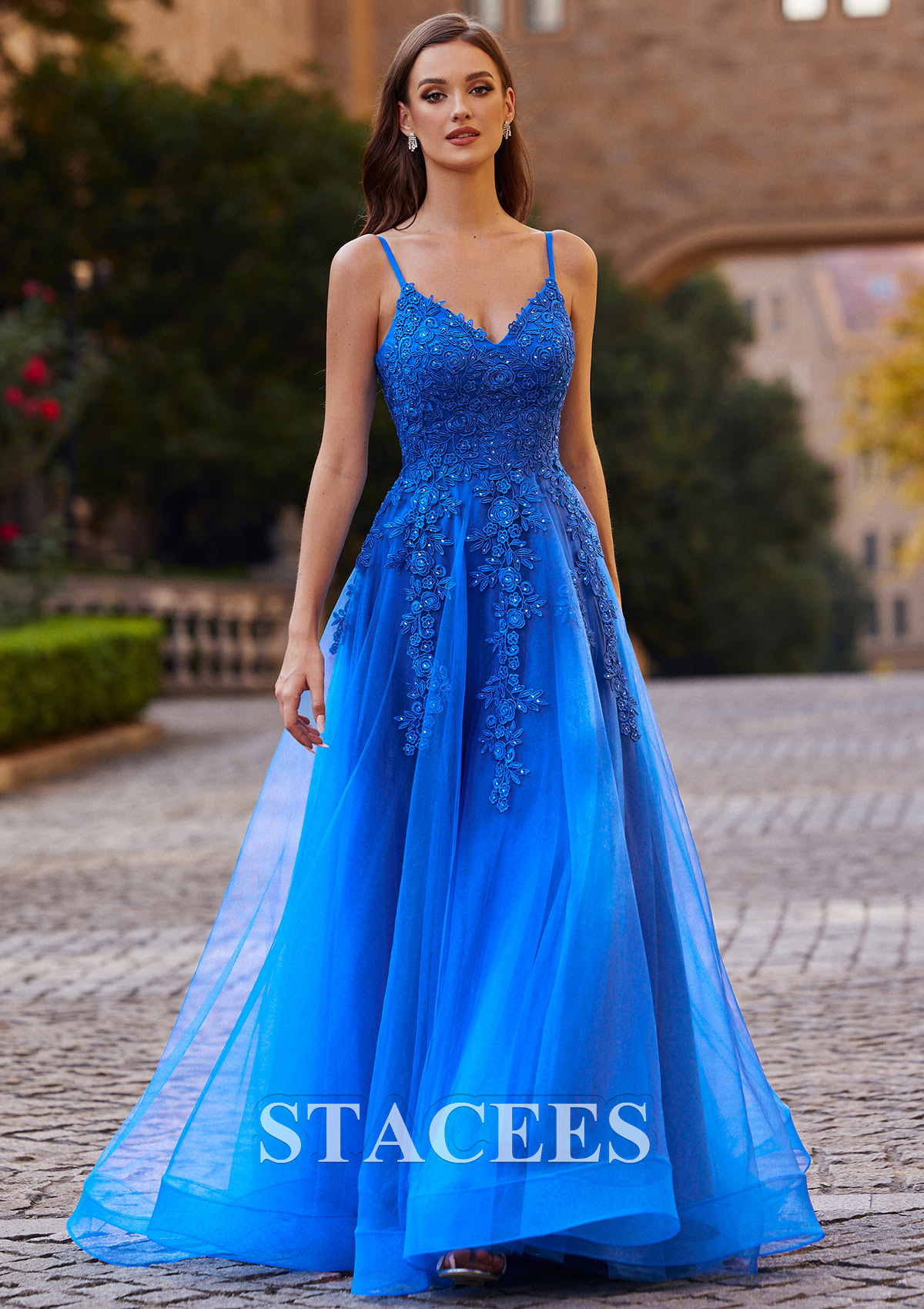 Ocean Blue A-line Princess V Neck Sweep Train Tulle Prom Dress with Appliqued Beading - STACEES