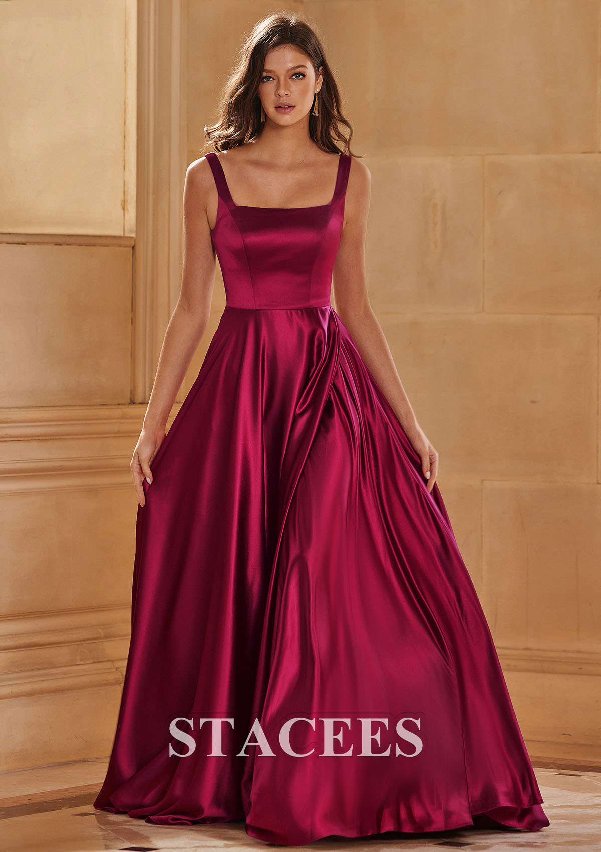 Burgundy Vestido línea a cuello cuadrado satén barrer tren vestido de graduación - STACEES