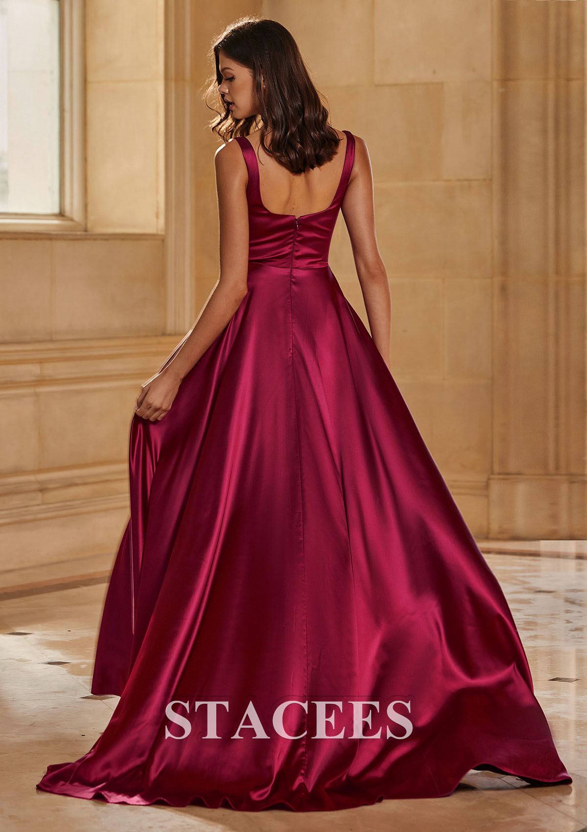 Burgundy Vestido línea a cuello cuadrado satén barrer tren vestido de graduación - STACEES