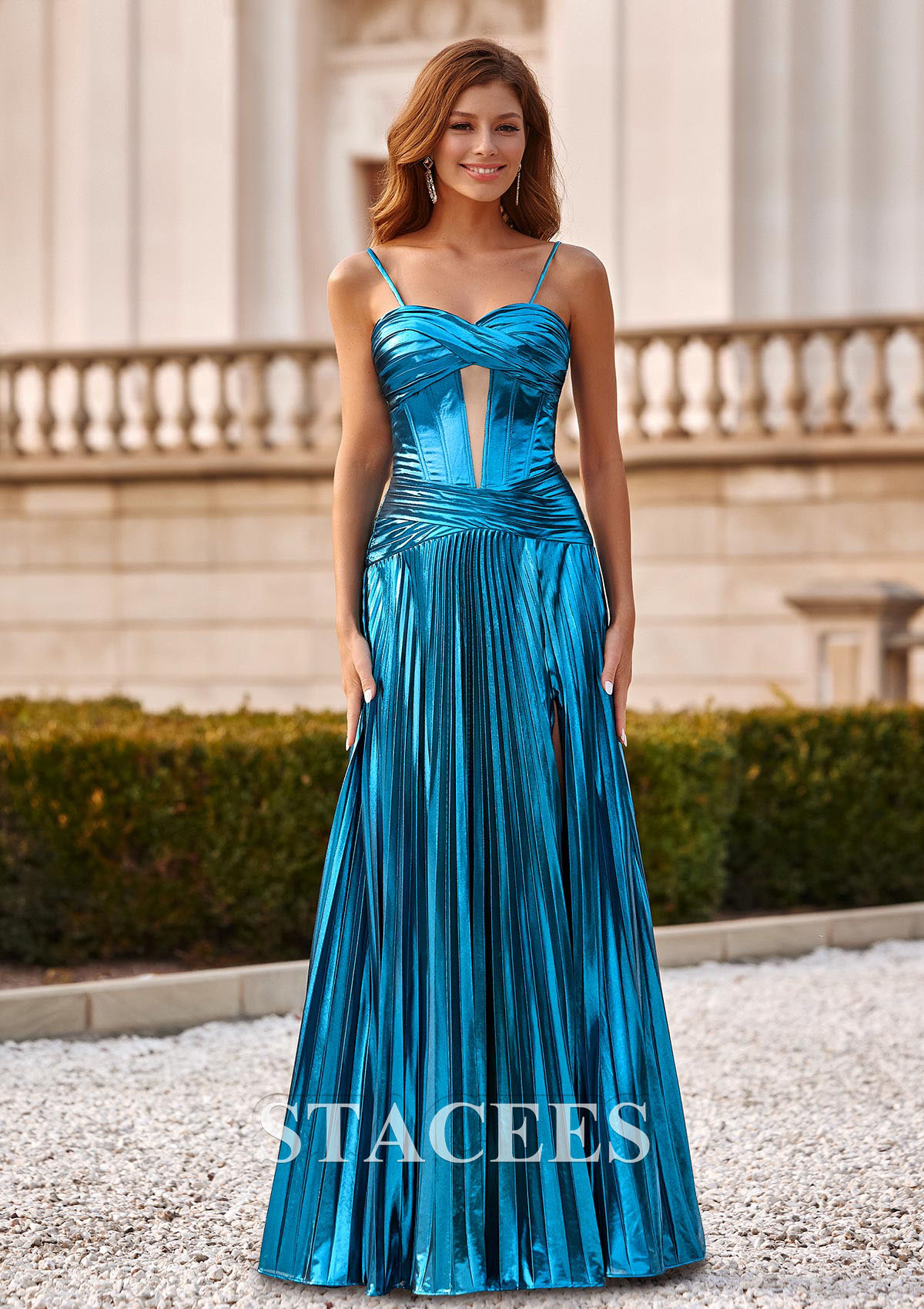 Blue A-line Strapless Corset Metallic Slit Floor-Length Prom Dress with Pleats - STACEES