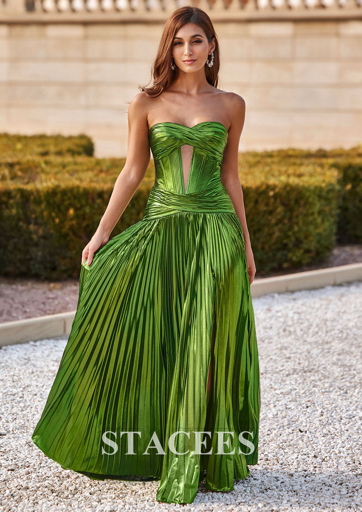 Lime Green A-line Strapless Metallic Corset Pleaded Slit Prom Dress - STACEES