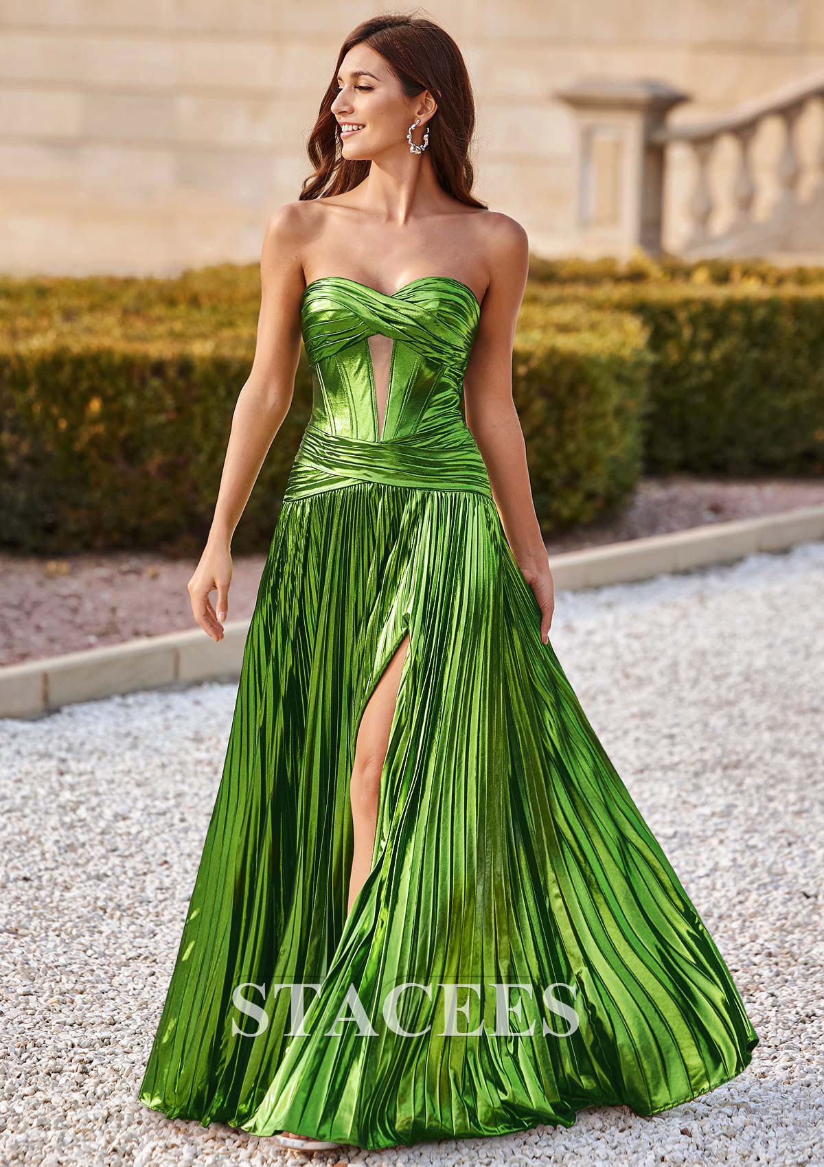 Lime Green A-line Strapless Metallic Corset Pleaded Slit Prom Dress - STACEES