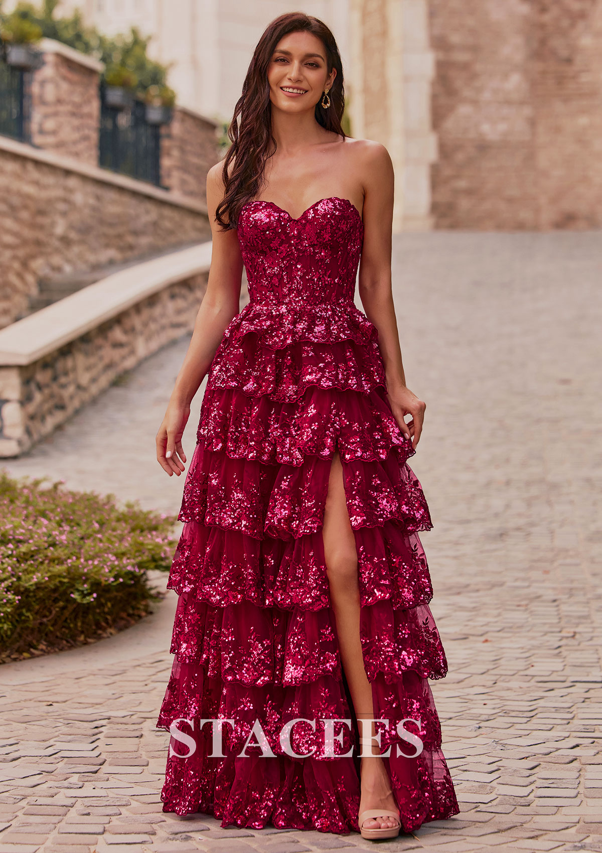 Burgundy A-line Strapless Sweetheart Sequin Tiered Ruffle Prom Dress with Slit - STACEES