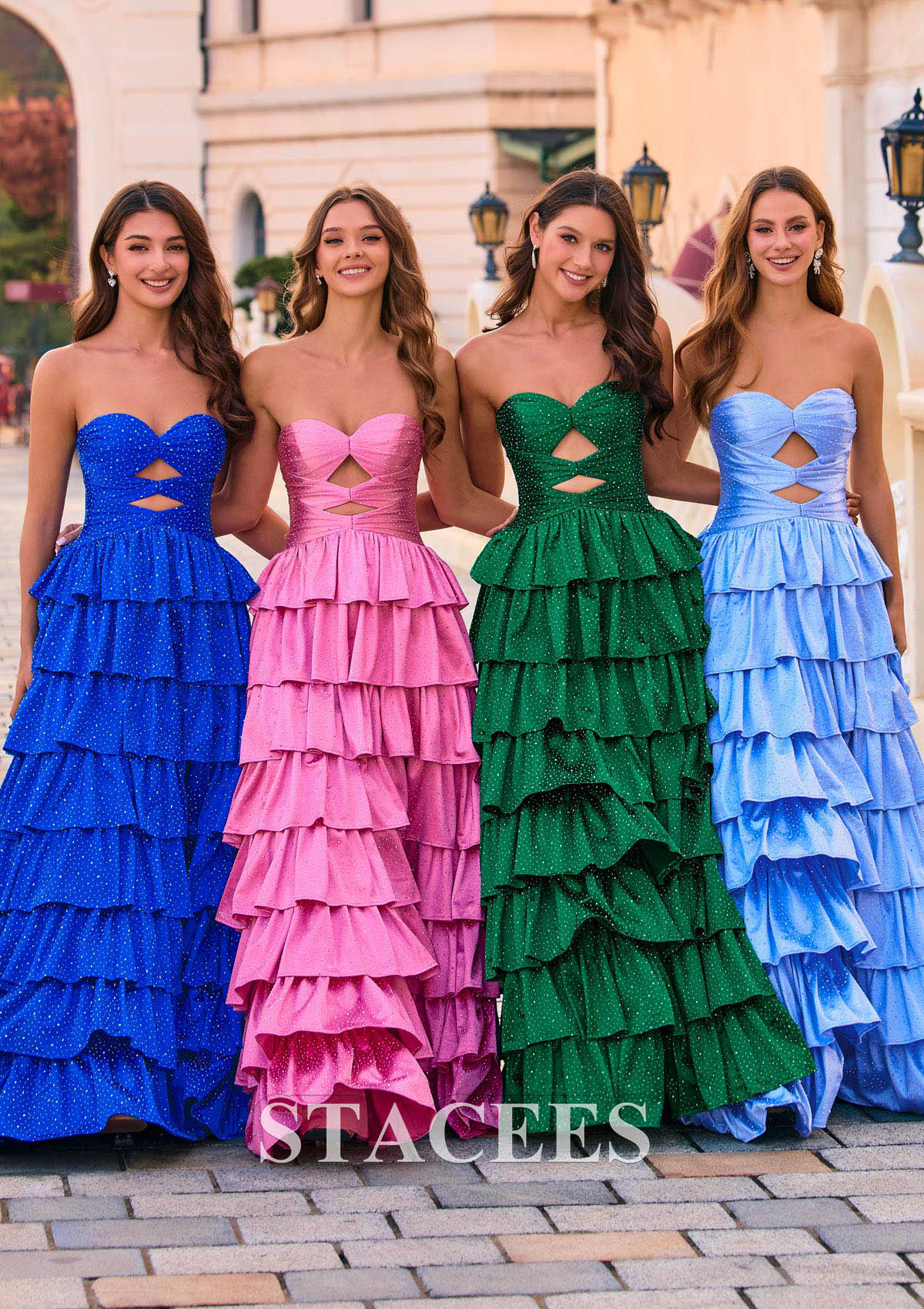 Royal Blue Sparkle Hot Fix A-line Strapless Ruffle Prom Dress with Keyhole and Slit - STACEES