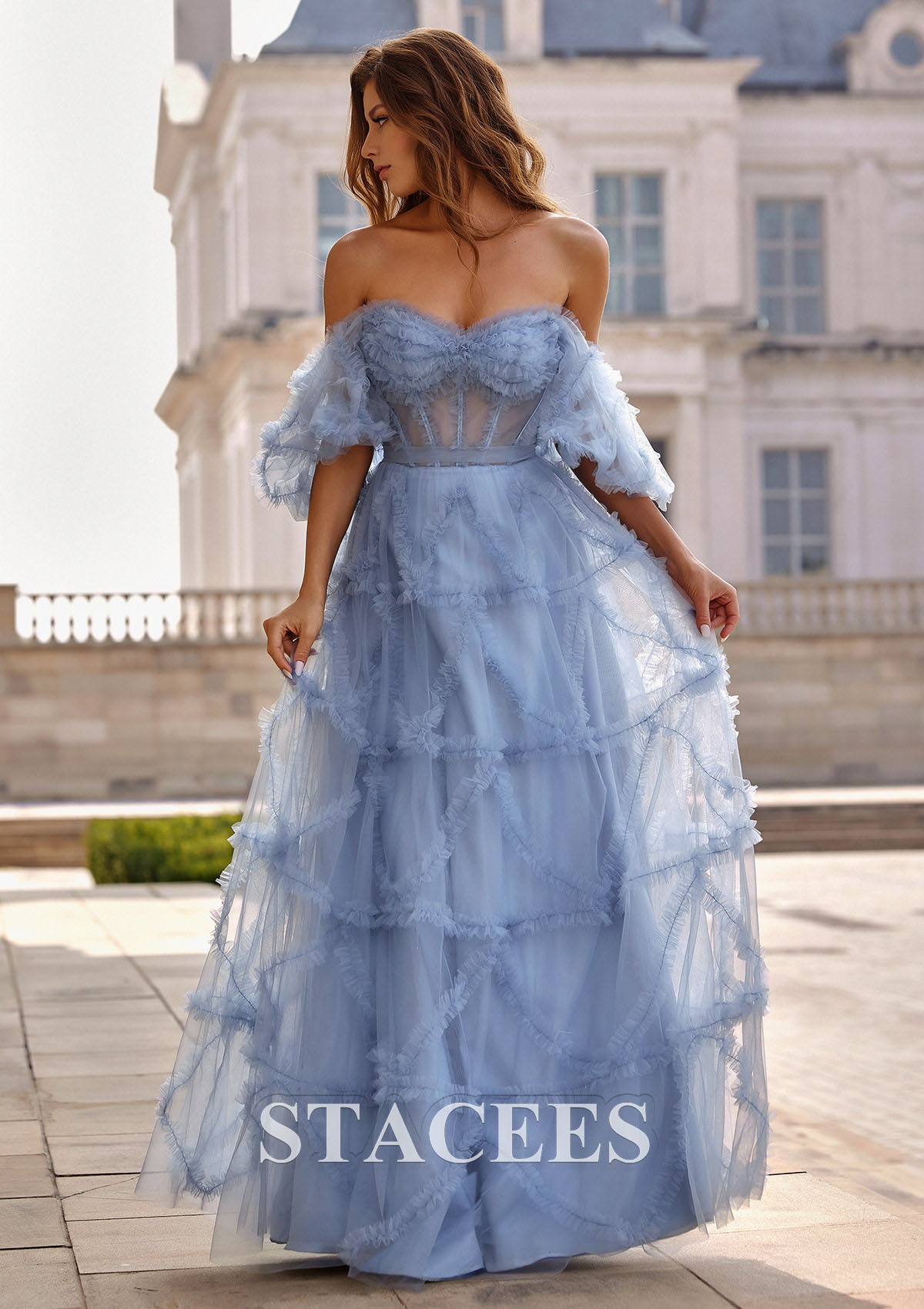 puffy blue prom dress Stacees A-line Puff Ballon Sleeve Sheer Corset Ruffled Long ballet dress toddler 2024 Christmas Barney The Shoe Size:14 the right formal dress