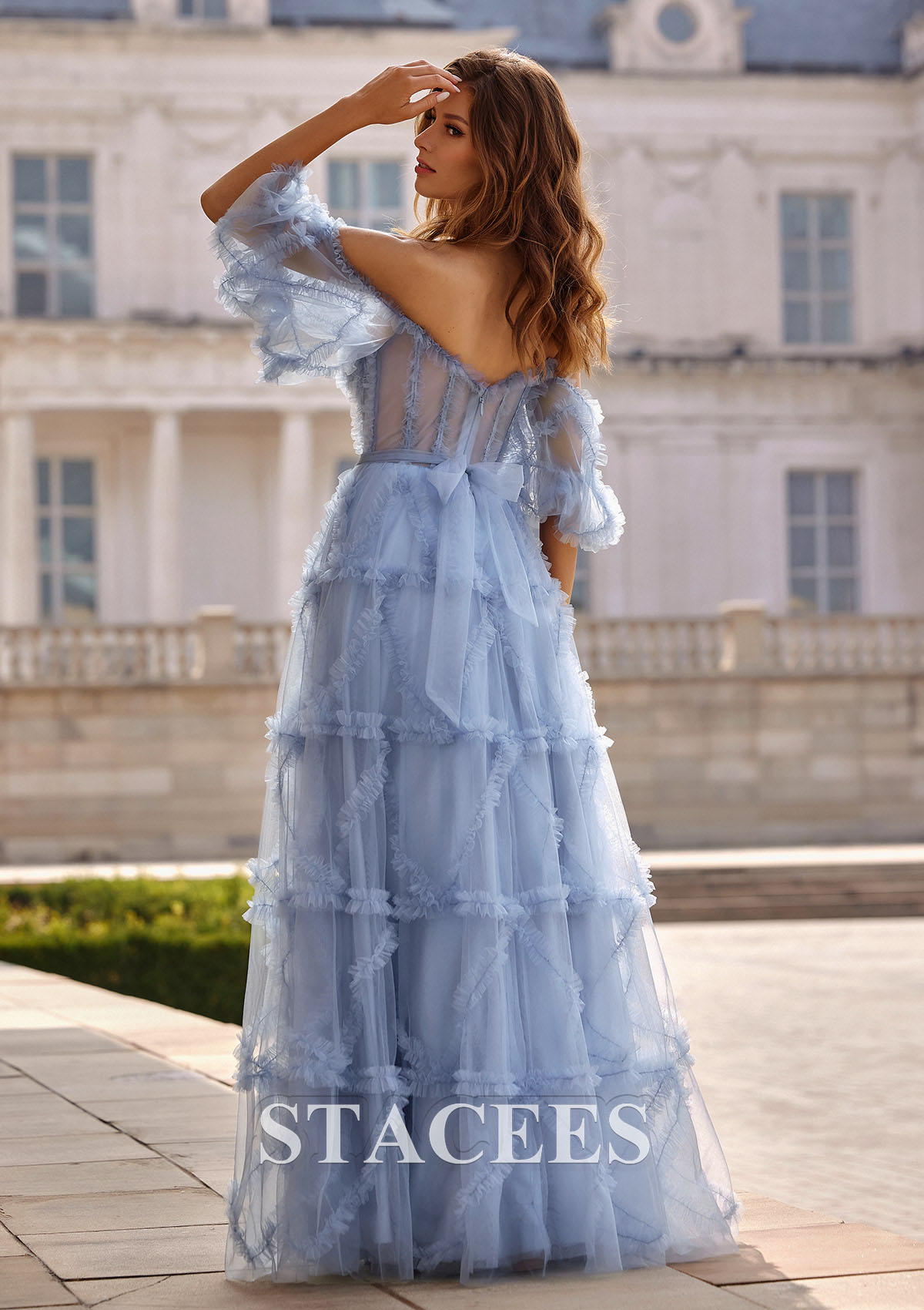 Azul Polvoriento Vestido línea a cuello de corazón tul hasta el suelo vestido de graduación - STACEES