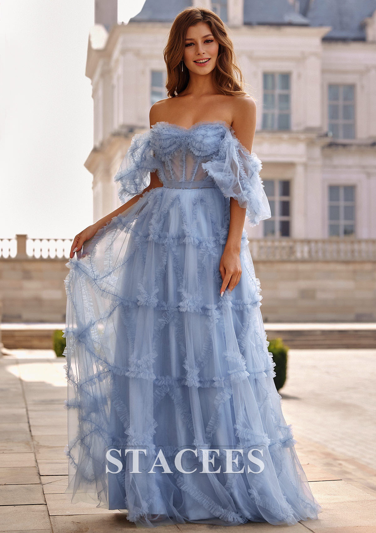 Azul Polvoriento Vestido línea a cuello de corazón tul hasta el suelo vestido de graduación - STACEES