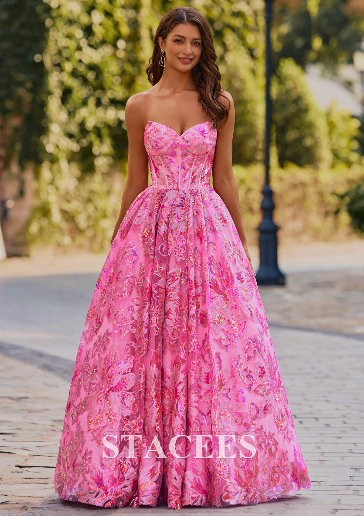 Candy Pink Sparkly A-line Strapless Floral Sequined Floor-Length Pockets Prom Dress - STACEES