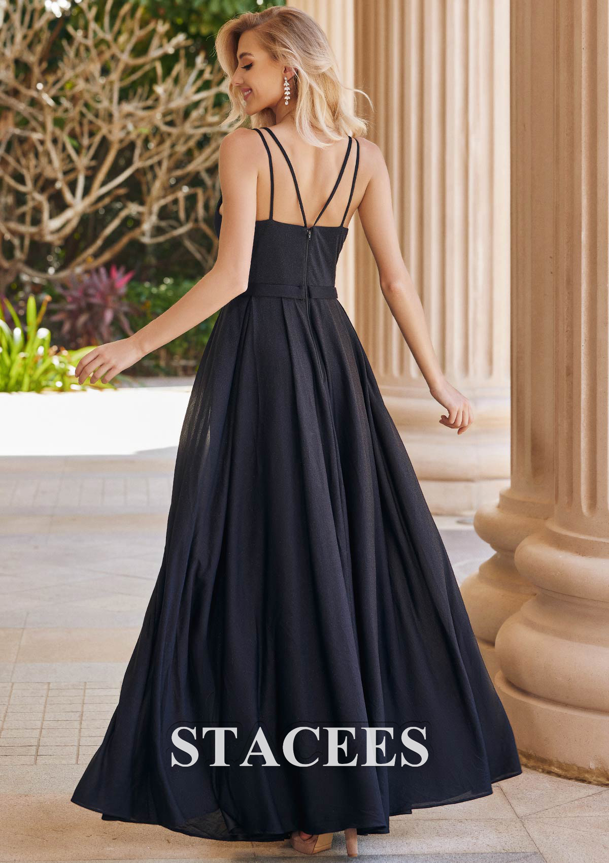 Black Vestido línea a escote en v tejer hasta el suelo vestido de graduación - STACEES