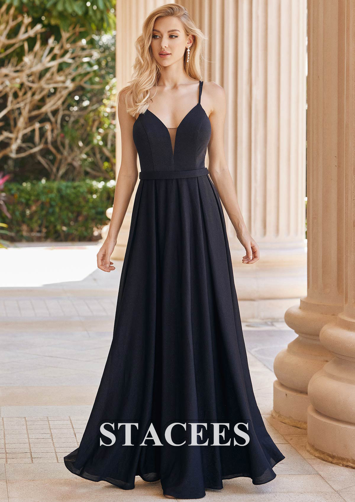 Black Vestido línea a escote en v tejer hasta el suelo vestido de graduación - STACEES