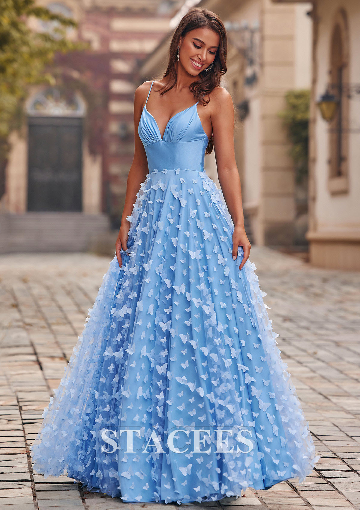 Sky Blue Vestido línea a escote en v tul hasta el suelo vestido de graduación - STACEES