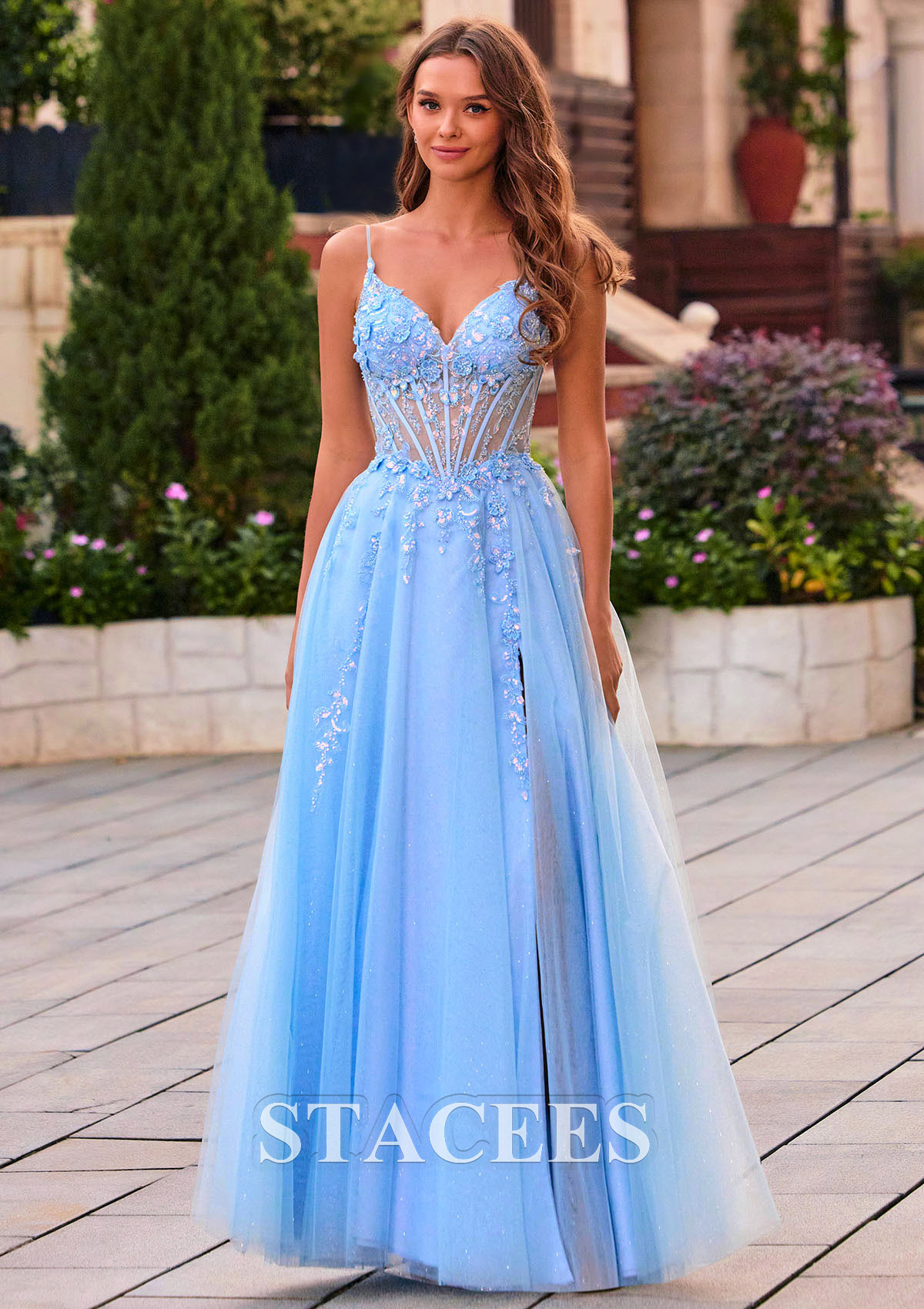 Bleu Ciel Trapèze col en v tulle longueur ras du sol robe de bal avec paillettes fendue - STACEES