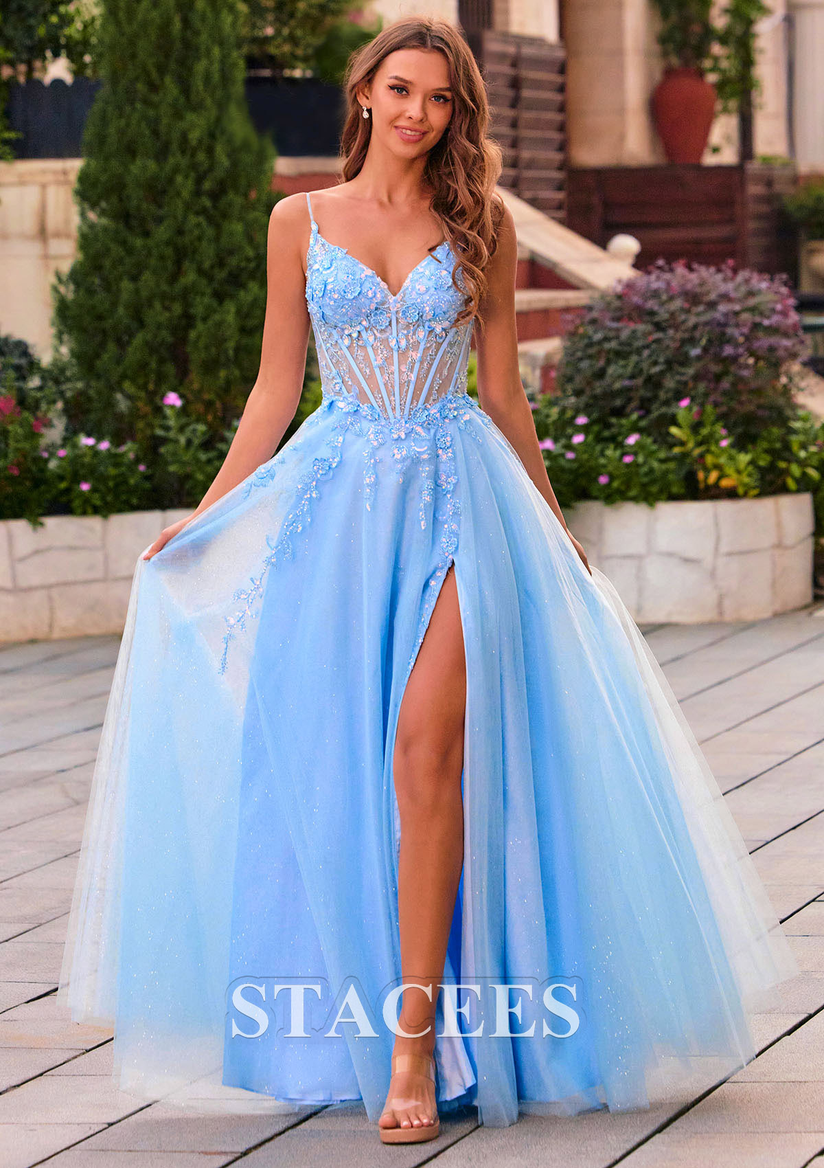 Bleu Ciel Trapèze col en v tulle longueur ras du sol robe de bal avec paillettes fendue - STACEES