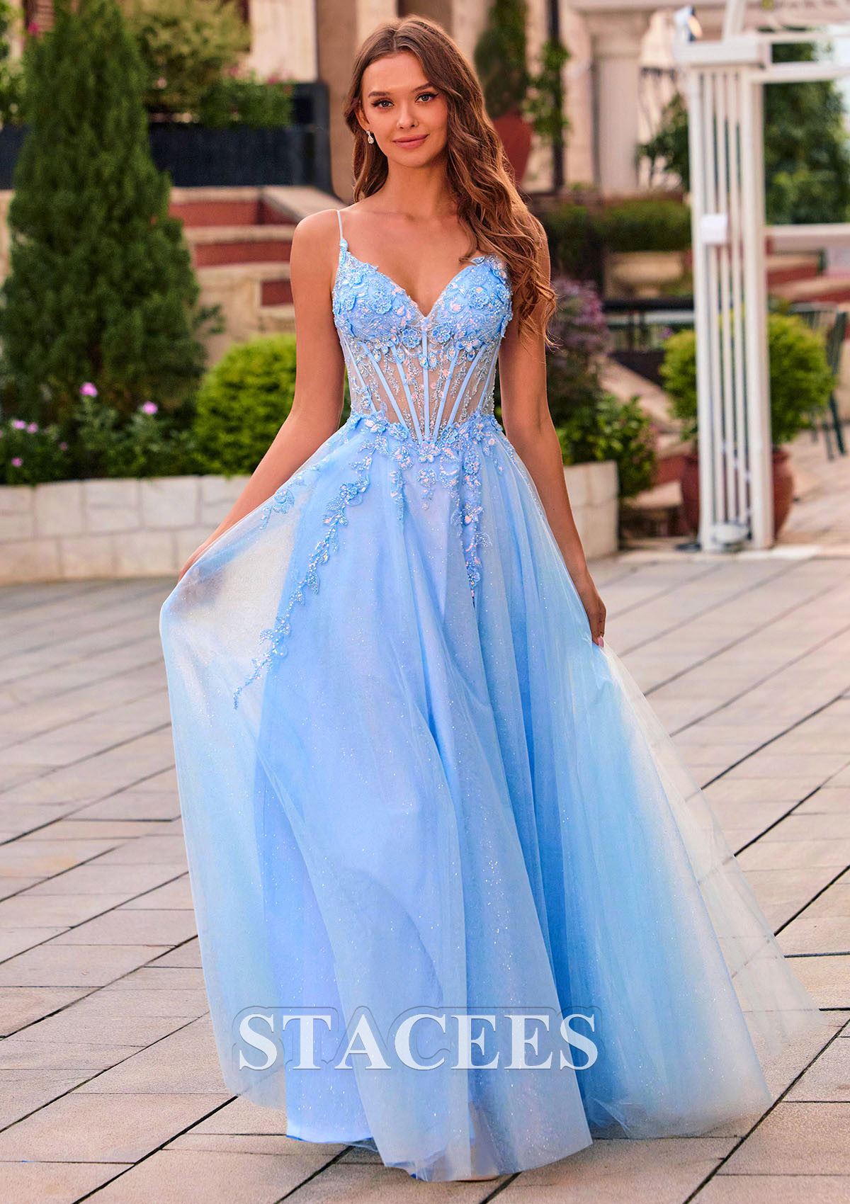 Bleu Ciel Trapèze col en v tulle longueur ras du sol robe de bal avec paillettes fendue - STACEES