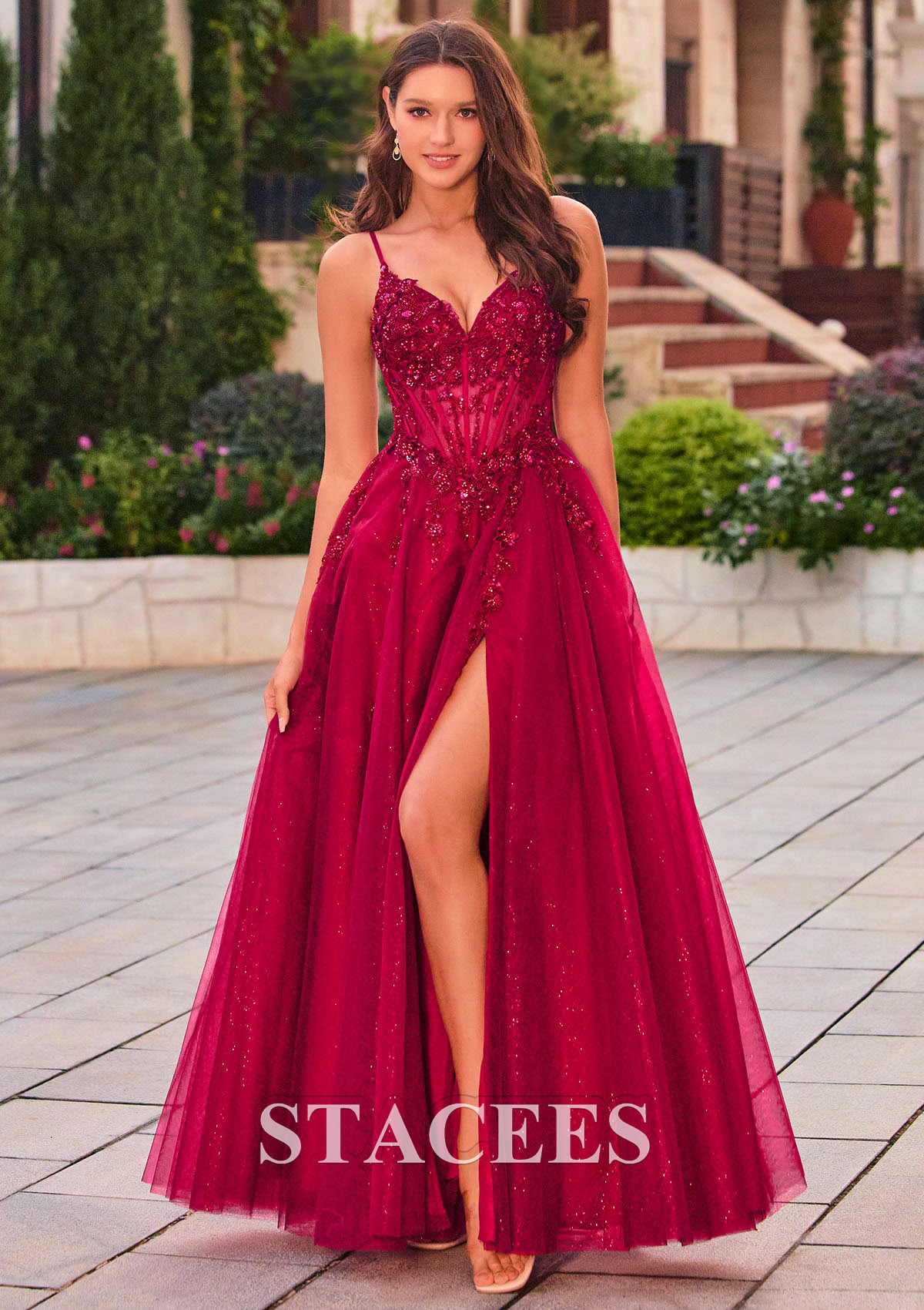 Bordeaux Trapèze col en v tulle longueur ras du sol robe de bal avec paillettes fendue - STACEES