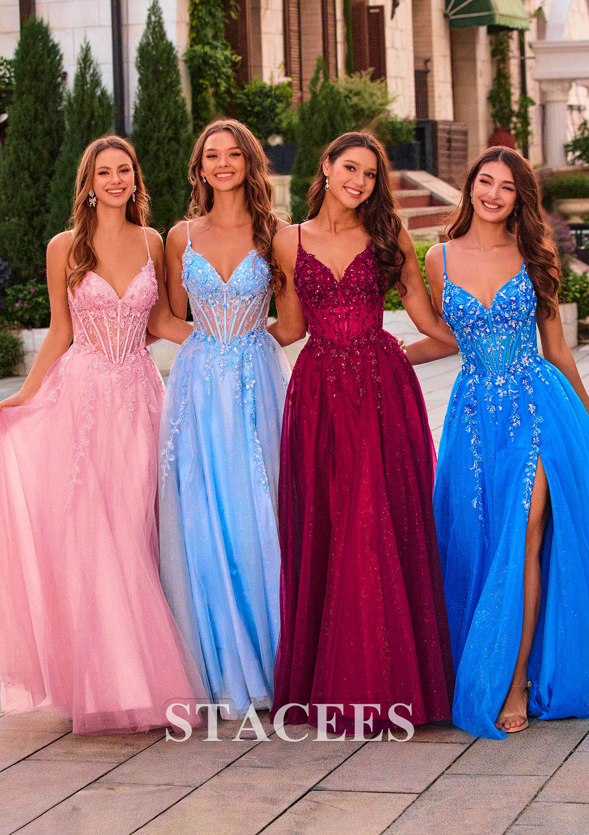 Bordeaux Trapèze col en v tulle longueur ras du sol robe de bal avec paillettes fendue - STACEES