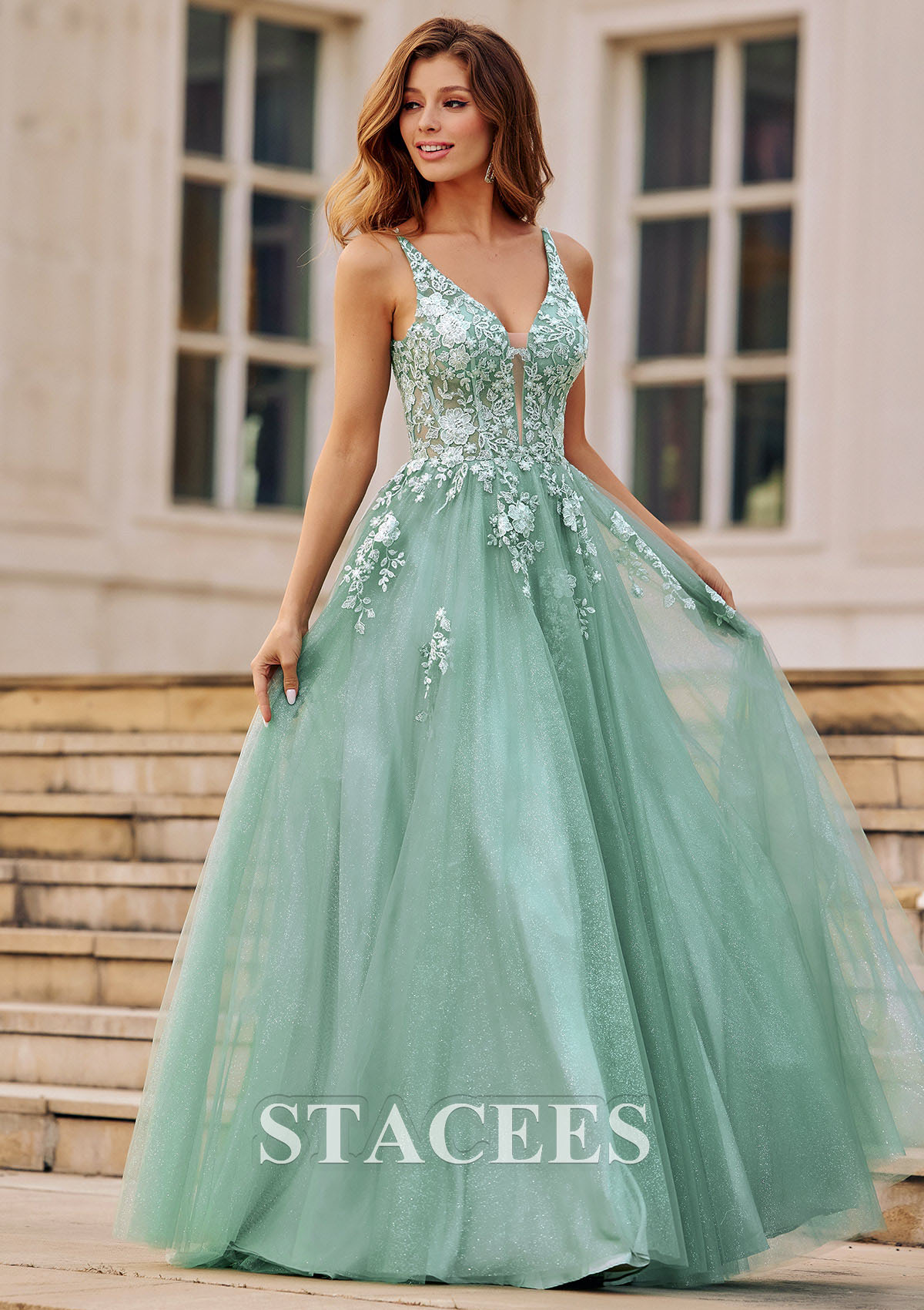 As picture A-line V Neck Tulle Sweep Train Prom Dress with Appliqued Sequins Split Glitter - STACEES