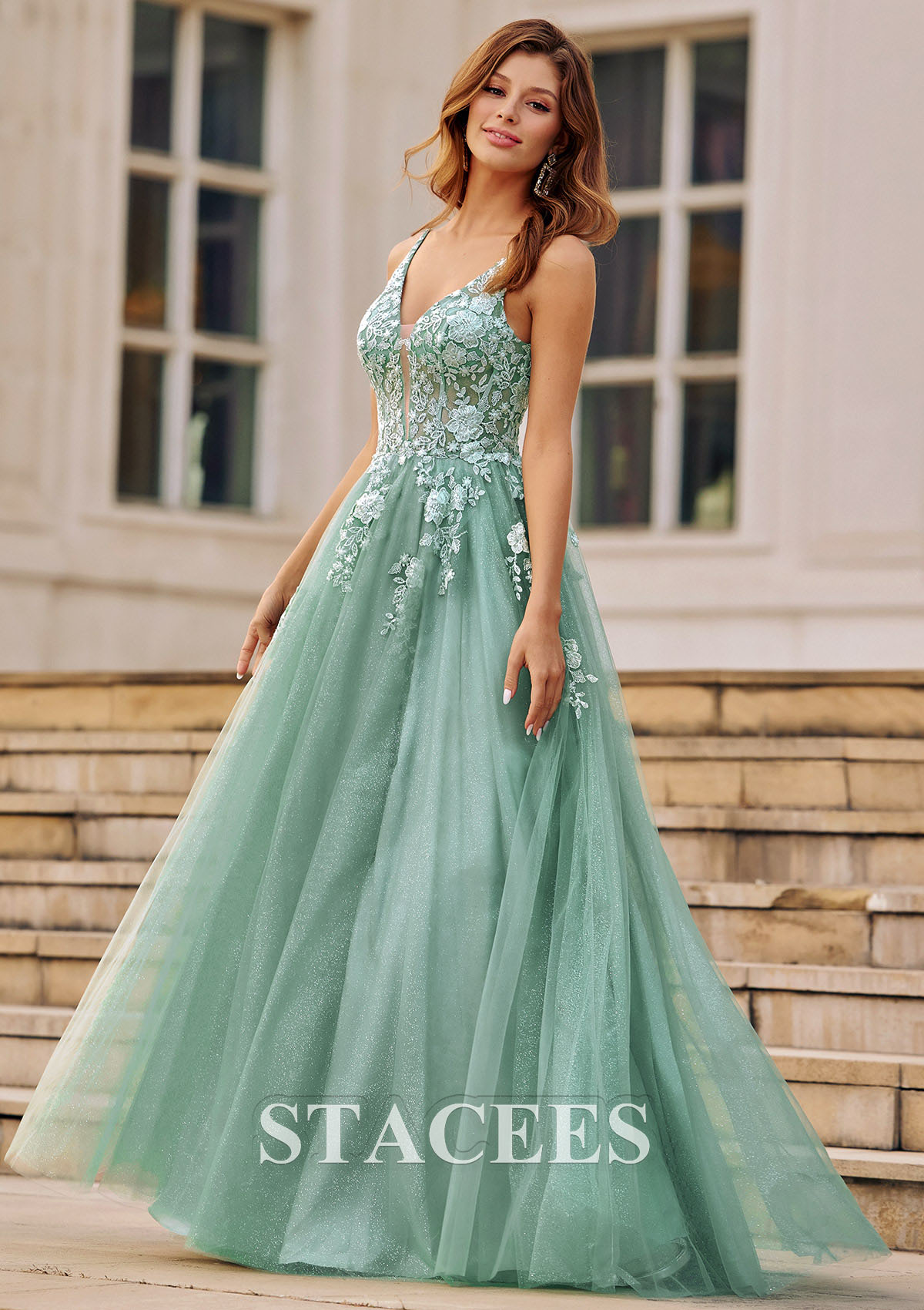 As picture A-line V Neck Tulle Sweep Train Prom Dress with Appliqued Sequins Split Glitter - STACEES
