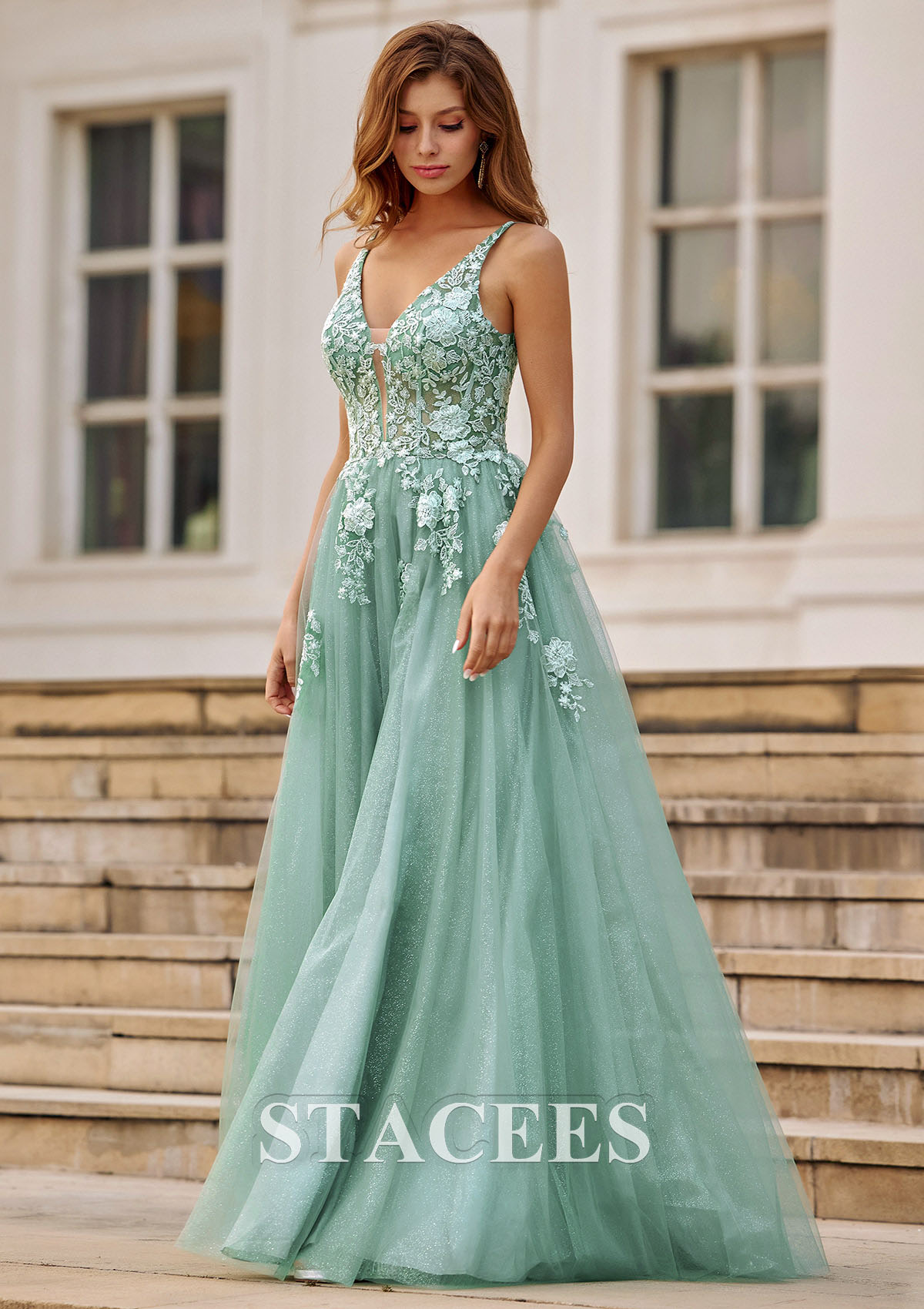 As picture A-line V Neck Tulle Sweep Train Prom Dress with Appliqued Sequins Split Glitter - STACEES