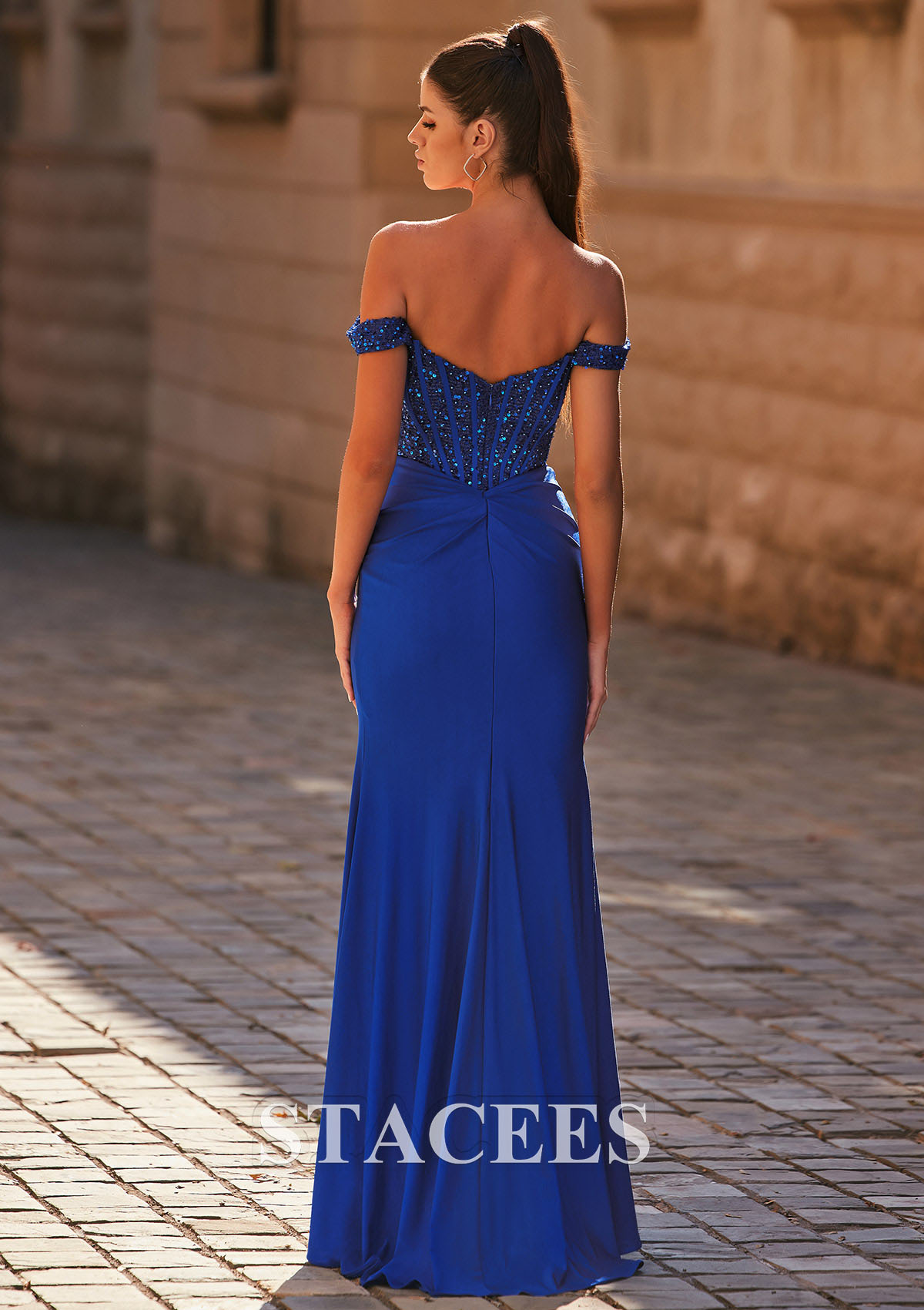 Bleu Royal Fourreau épaule dénudée jersey traîne balayage robe de bal avec fendue  - STACEES