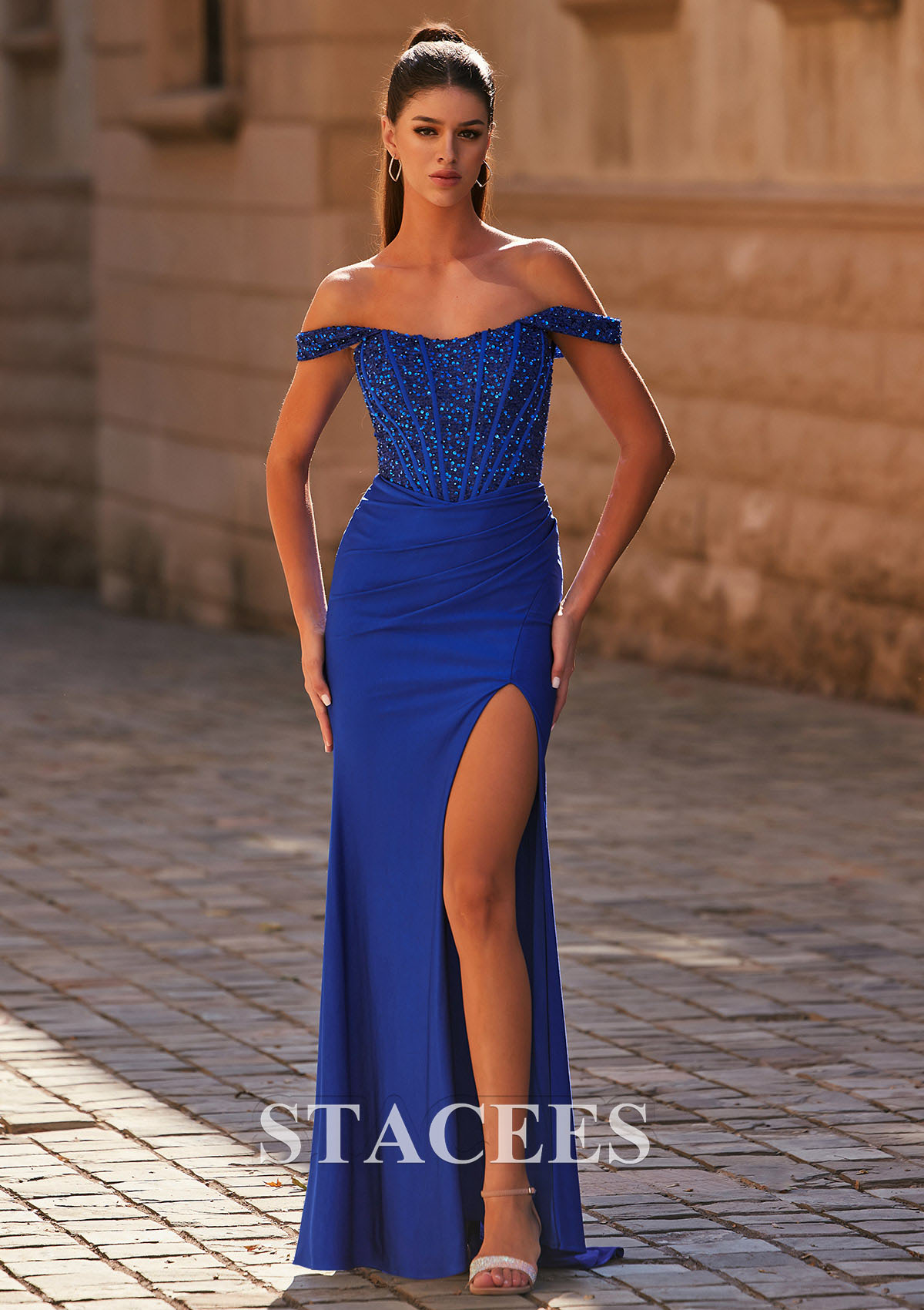 Bleu Royal Fourreau épaule dénudée jersey traîne balayage robe de bal avec fendue  - STACEES