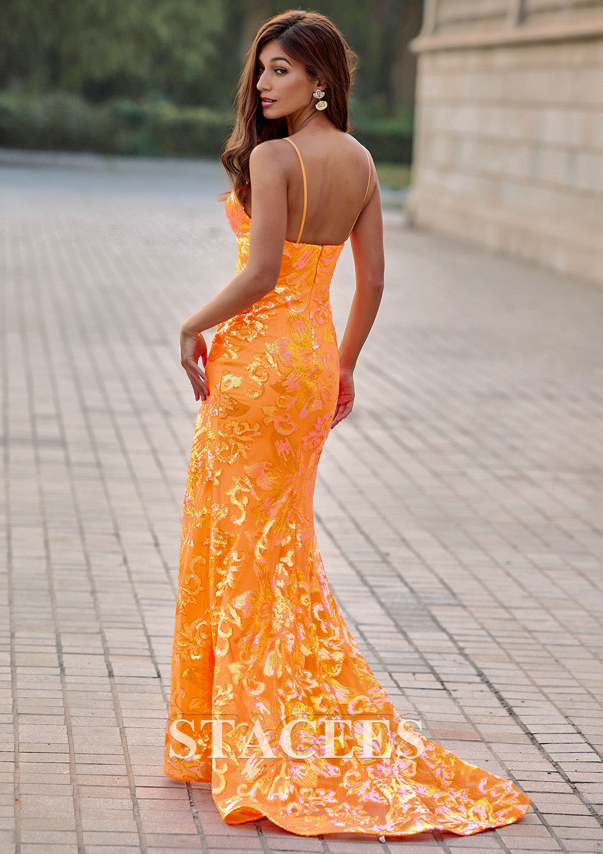 Orange Sparkly Mermaid V Neck Sequined Sweep Train Slit Prom Dress - STACEES