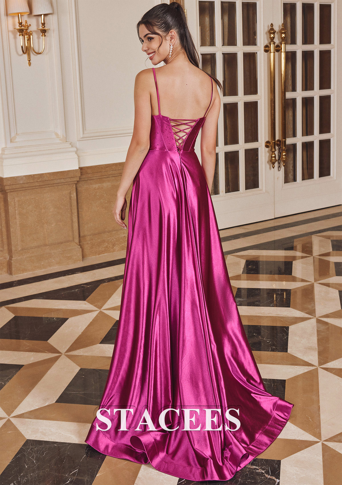 Fuchsia A-line Cowl Neck Sleeveless Sweep Train Silk like Satin Prom Dress with Beading Pleated Split - STACEES