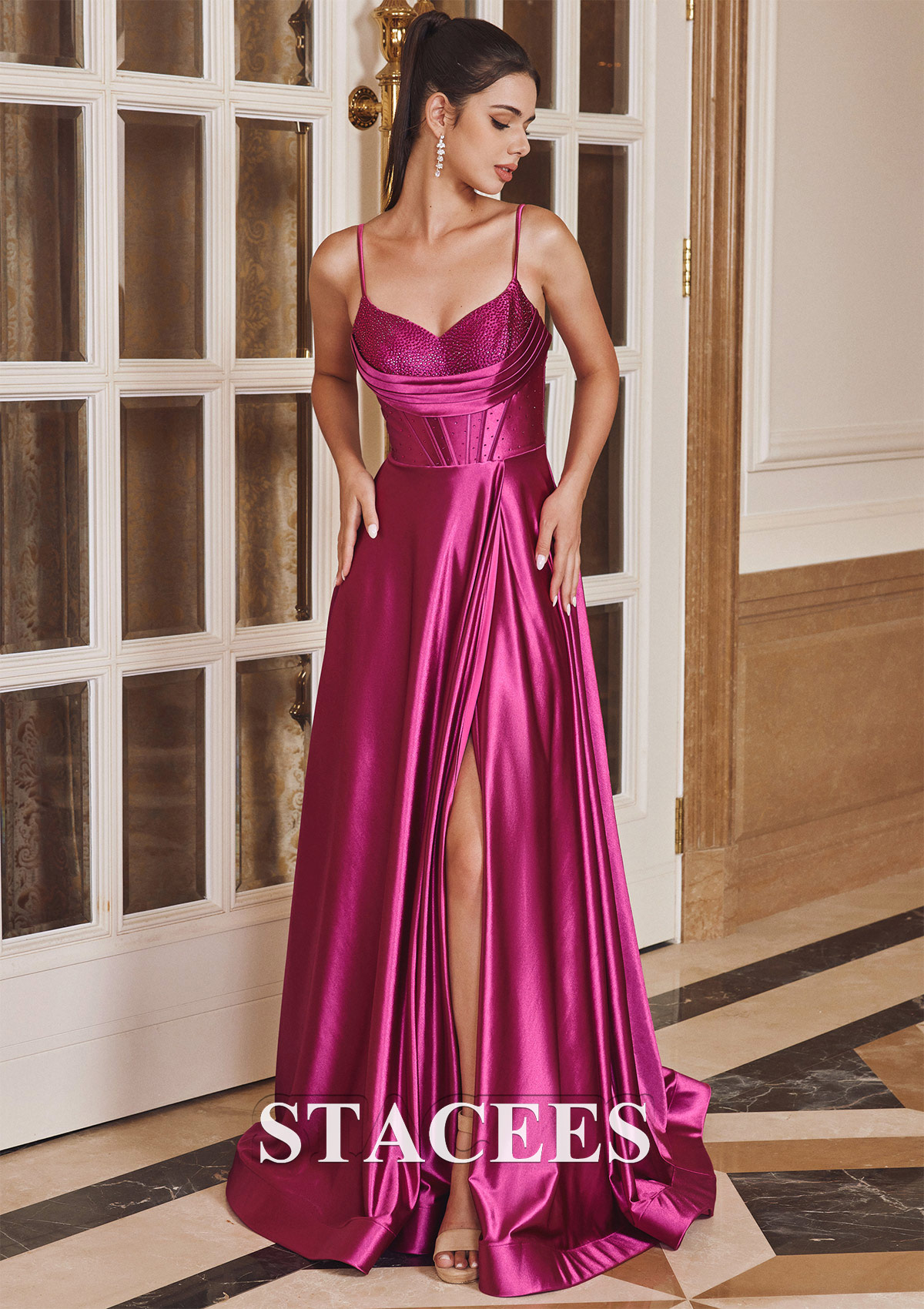Fuchsia A-line Cowl Neck Sleeveless Sweep Train Silk like Satin Prom Dress with Beading Pleated Split - STACEES