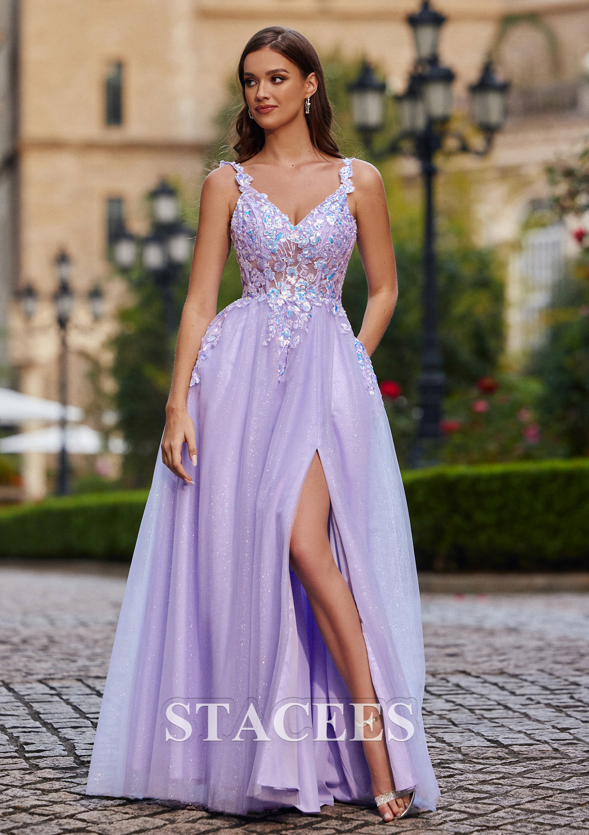 Lavender A-line V Neck Floor-Length Tulle Prom Dress with Sequins Appliqued Pockets Glitter Split - STACEES