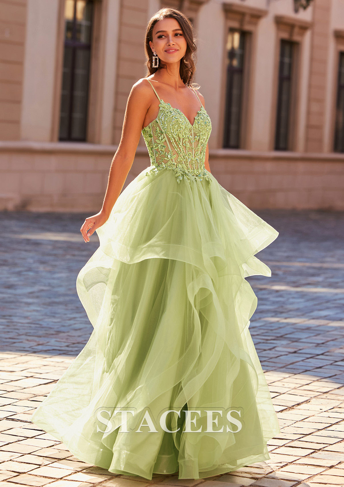 Sage A-line Princess V Neck Tulle Floor-Length Prom Dress with Appliqued Beading Ruffles Sequins - STACEES