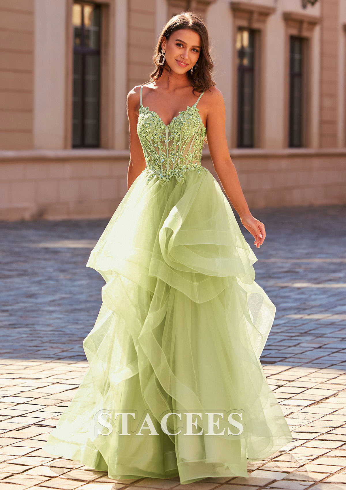 Sage A-line Princess V Neck Tulle Floor-Length Prom Dress with Appliqued Beading Ruffles Sequins - STACEES