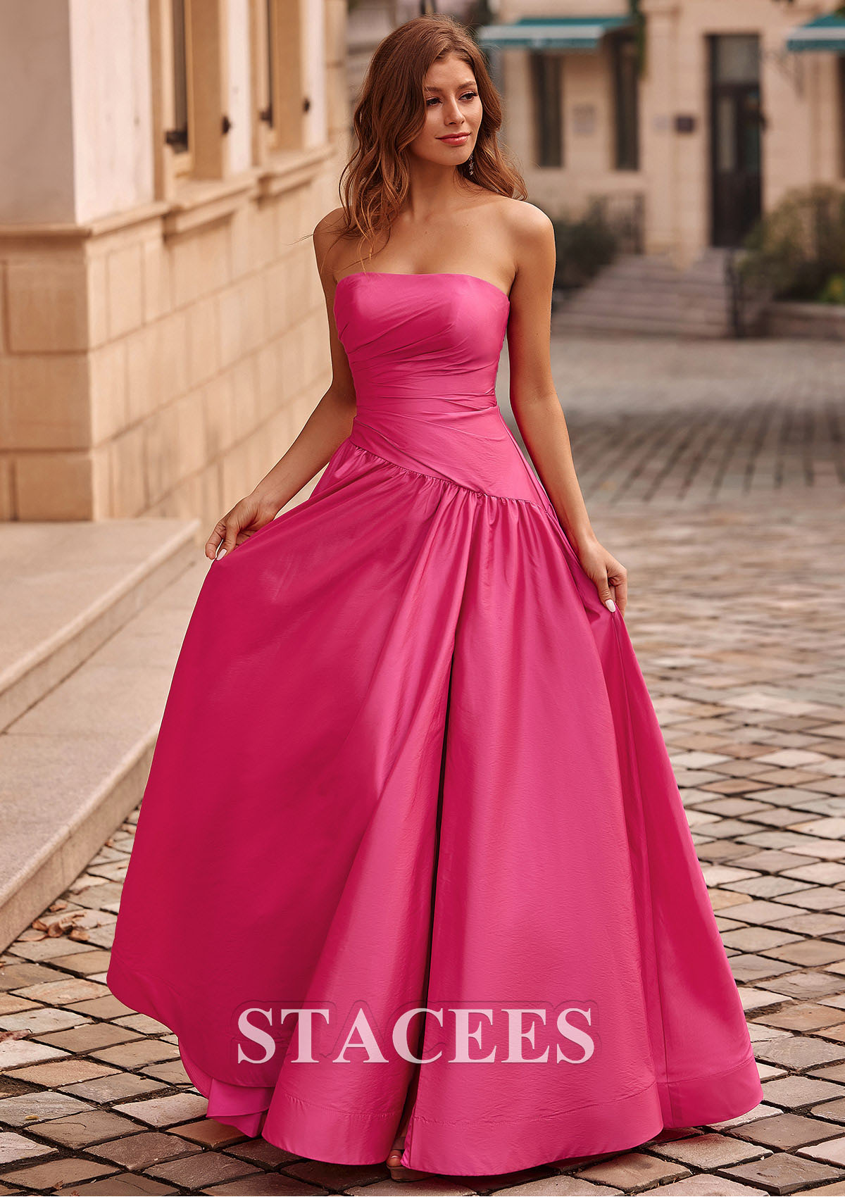 Hot Pink A-line Square Neckline Taffeta Sweep Train Prom Dress with Pleated Split - STACEES