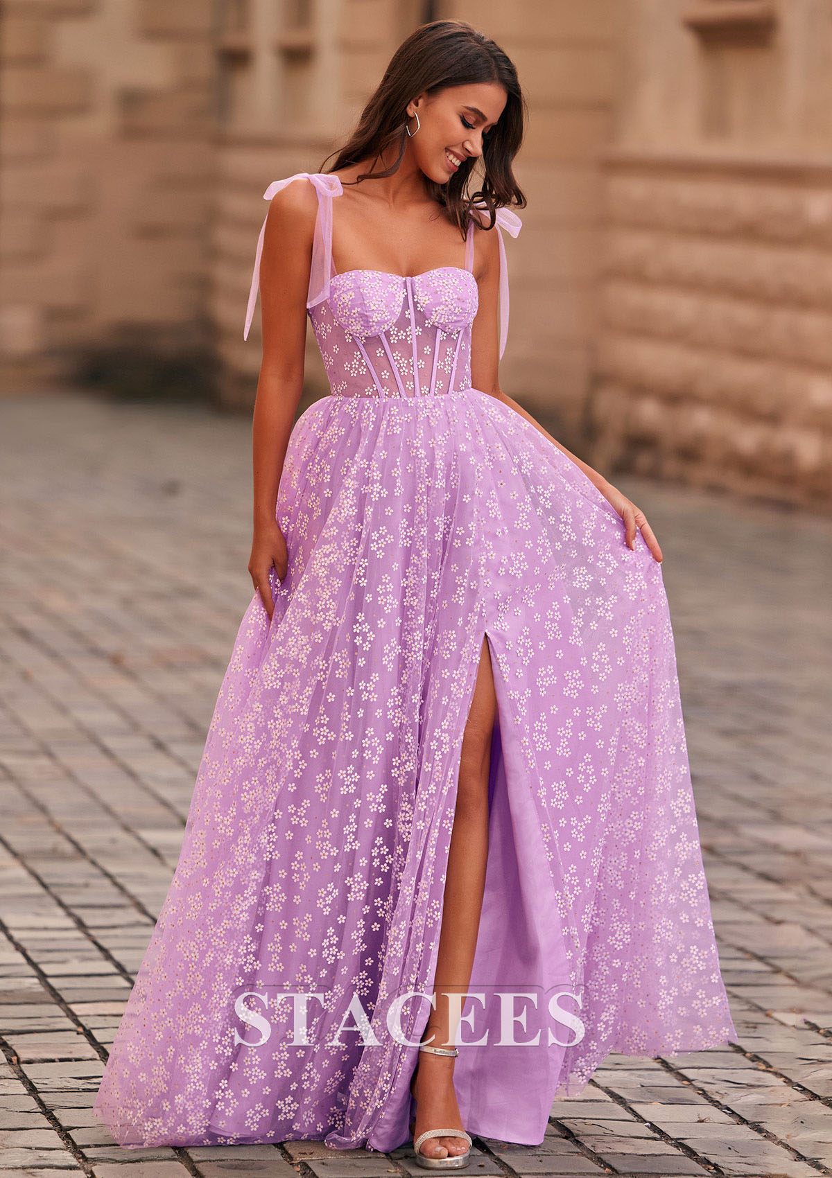 Lilac A-line Floral Printed Sheer Corset Slit Long Prom Dress With Adjustable Straps - STACEES