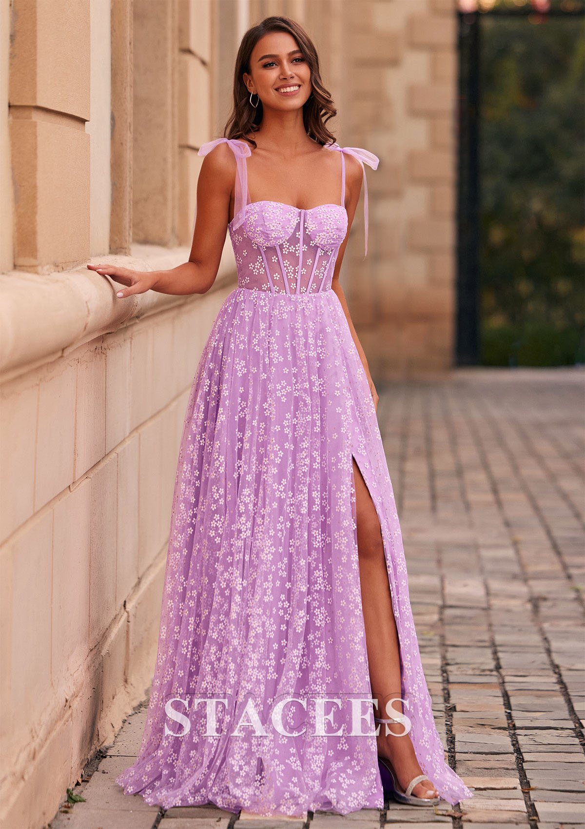Lilac A-line Floral Printed Sheer Corset Slit Long Prom Dress With Adjustable Straps - STACEES