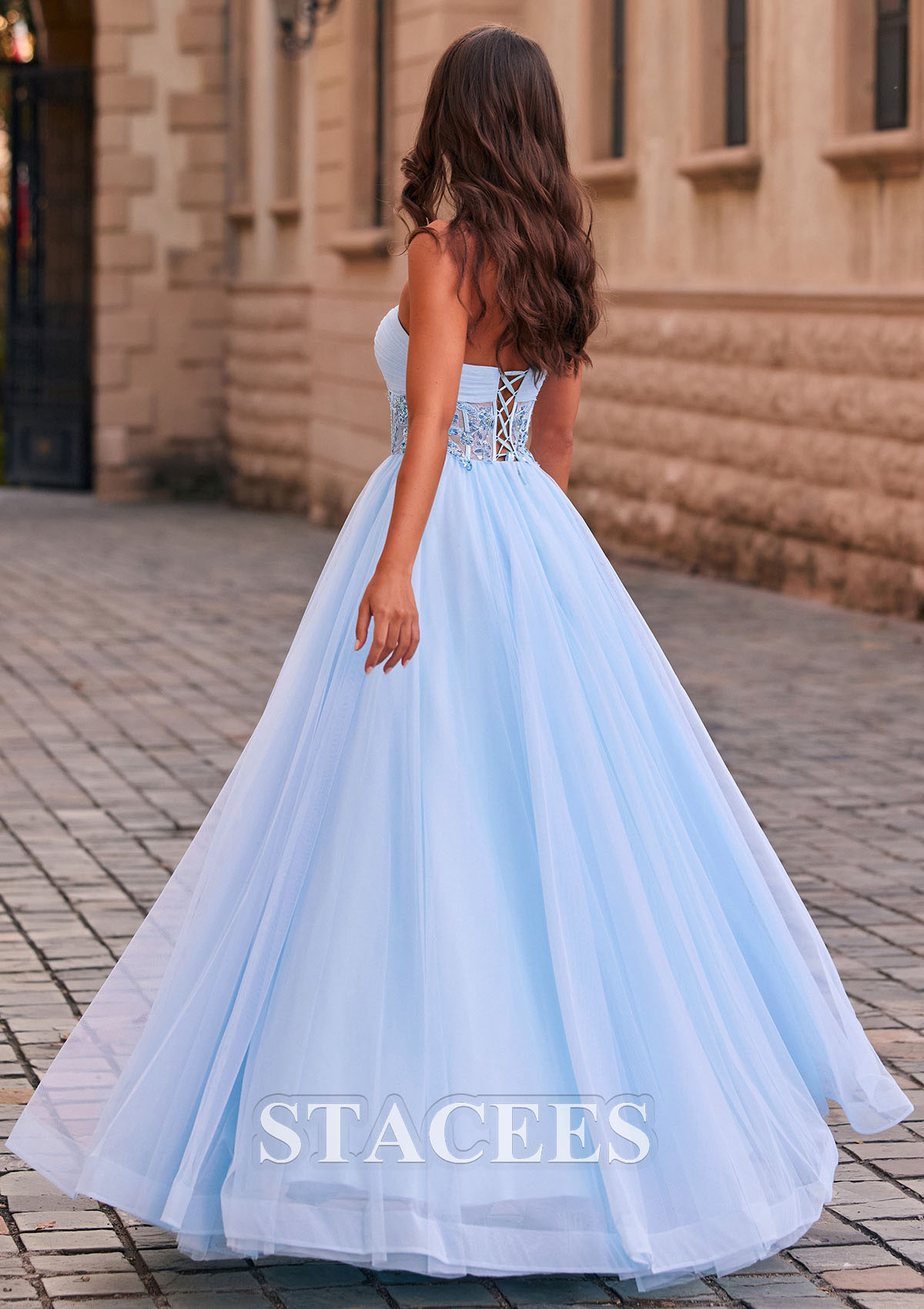 Sky Blue A-line Sweetheart Tulle Floor-Length Prom Dress with Beading Pleated Sequins - STACEES