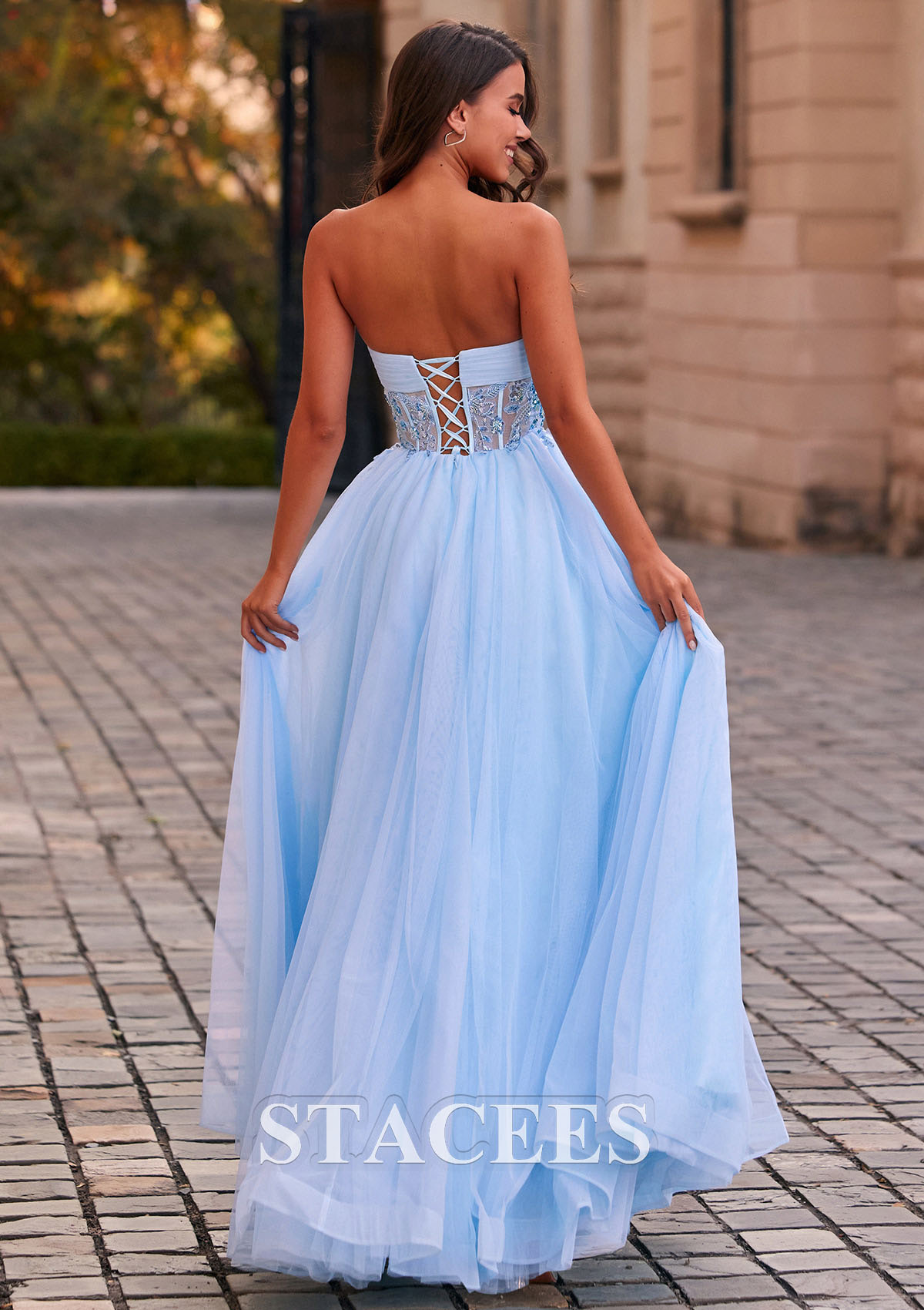 Sky Blue A-line Sweetheart Tulle Floor-Length Prom Dress with Beading Pleated Sequins - STACEES