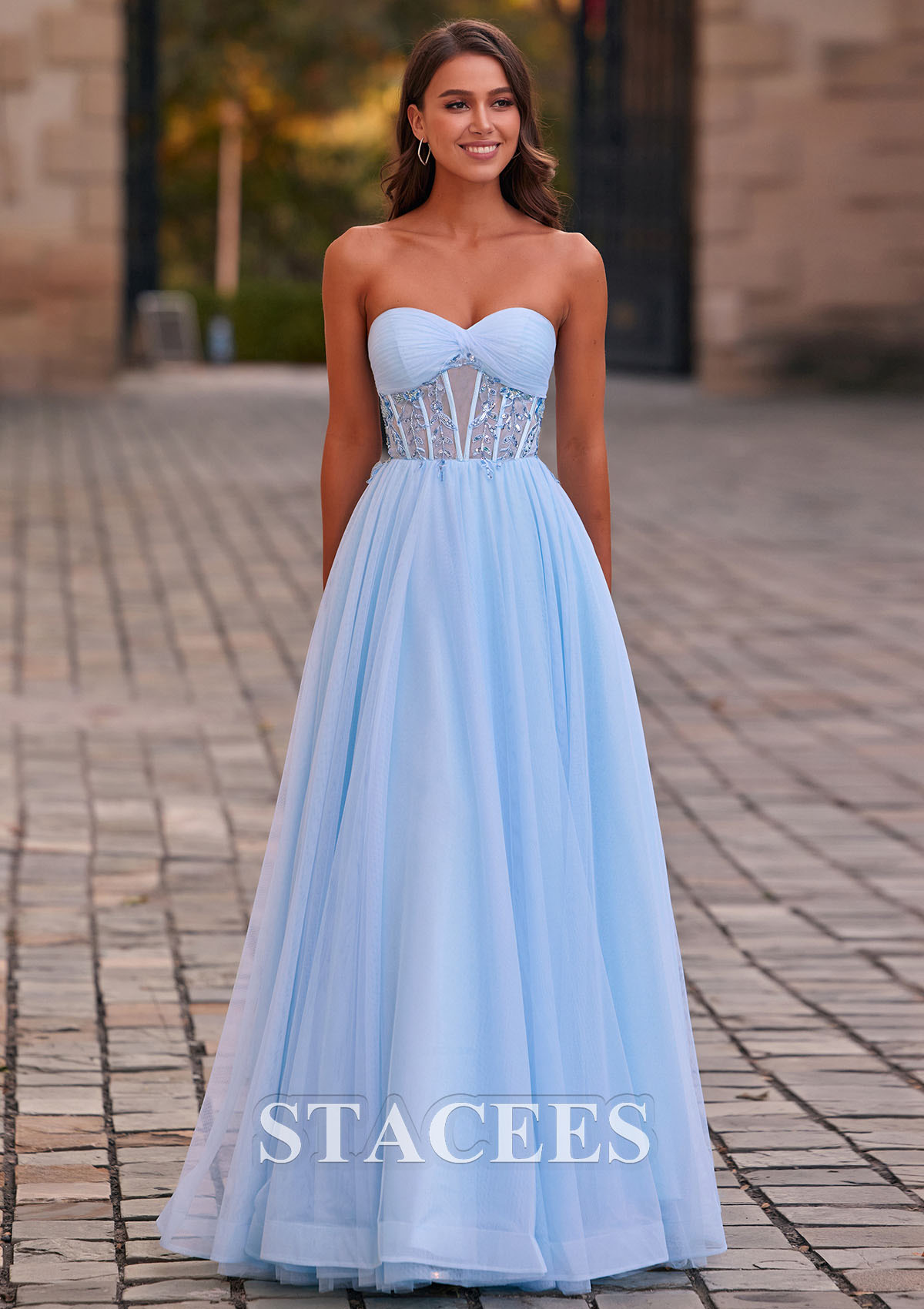 Sky Blue A-line Sweetheart Tulle Floor-Length Prom Dress with Beading Pleated Sequins - STACEES