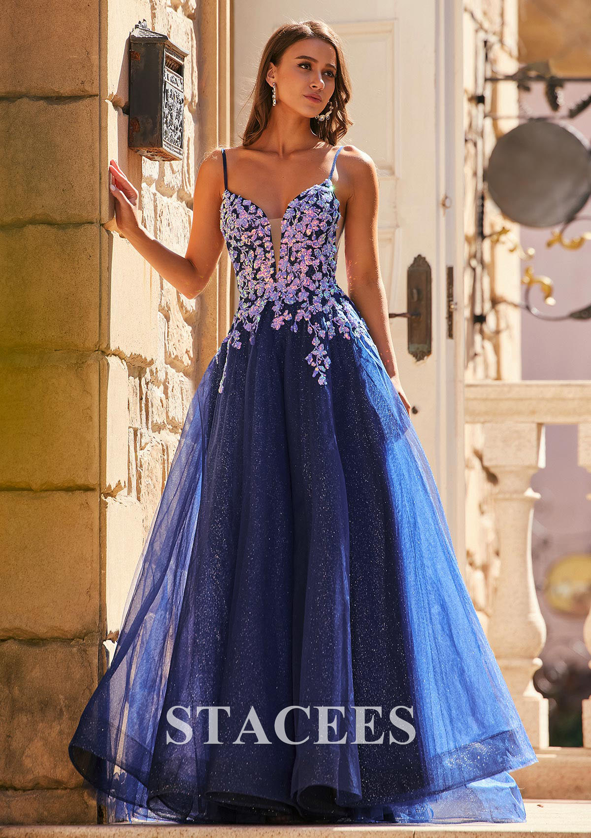 Stacees A-line V Neck Glittery Tulle Prom Dress with Leaf Sequins