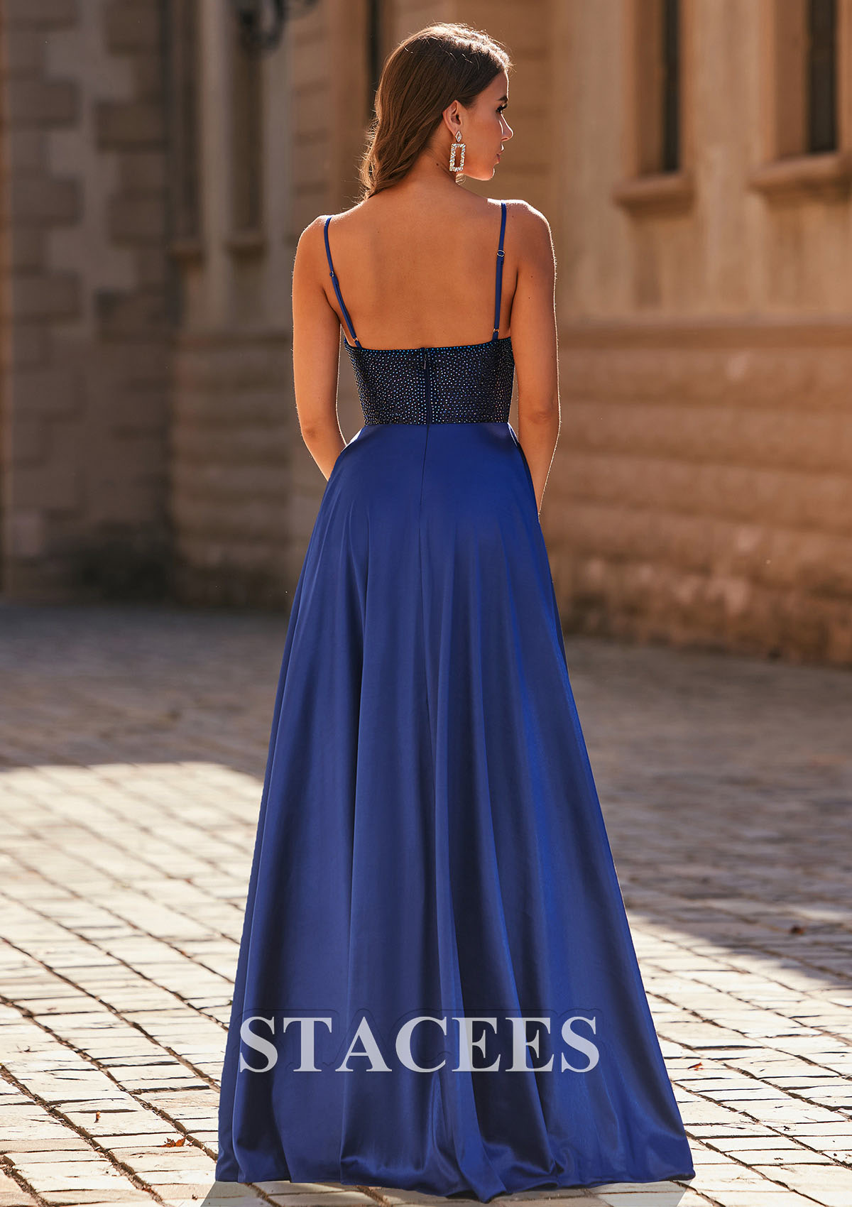 Navy Blue A-line V Neck Silk like Satin Sweep Train Prom Dress with Beading Pleated Split - STACEES