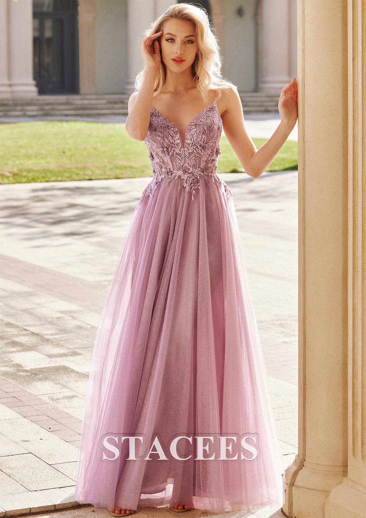 Mauve Vestido línea a escote en v tul hasta el suelo vestido de graduación - STACEES