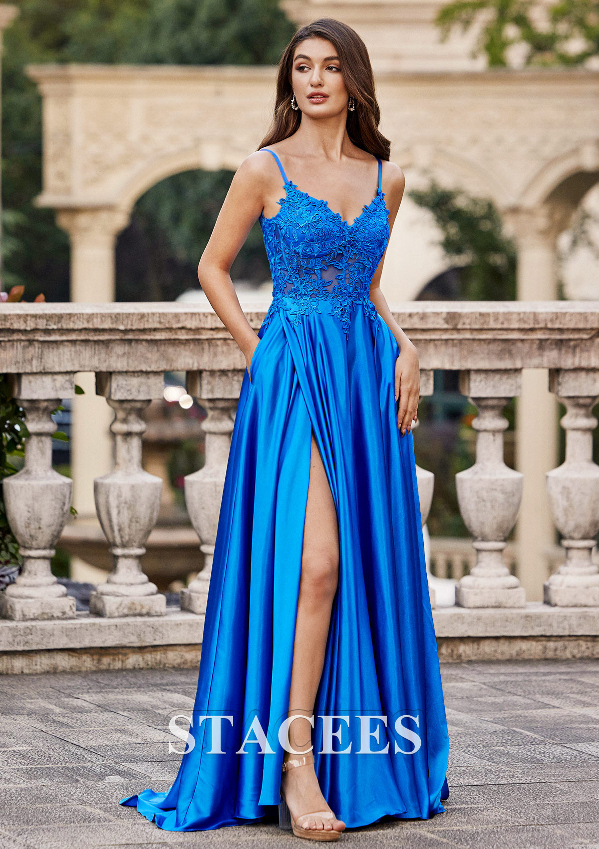 Ocean Blue A-line V Neck Sweep Train Charmeuse Prom Dress with Appliqued Pockets Split - STACEES