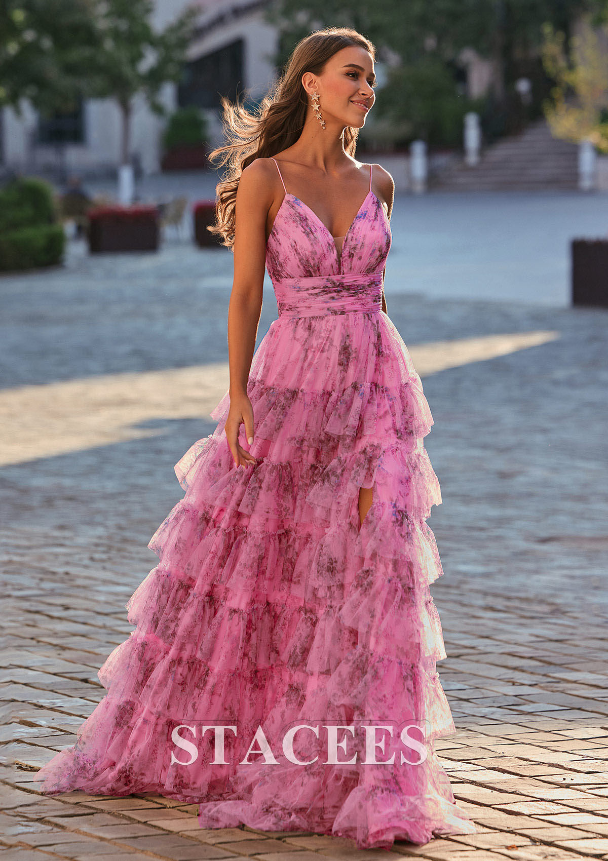 Candy Pink Vestido línea a escote en v tul barrer/cepillo tren vestido de graduación - STACEES