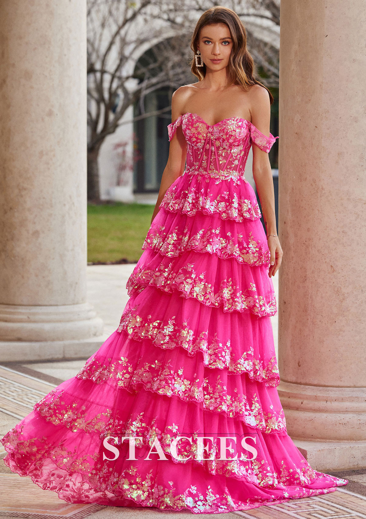 Fuchsia A-line Princess Off-the-Shoulder Sweep Train Tulle Prom Dress with Ruffles Sequins - STACEES