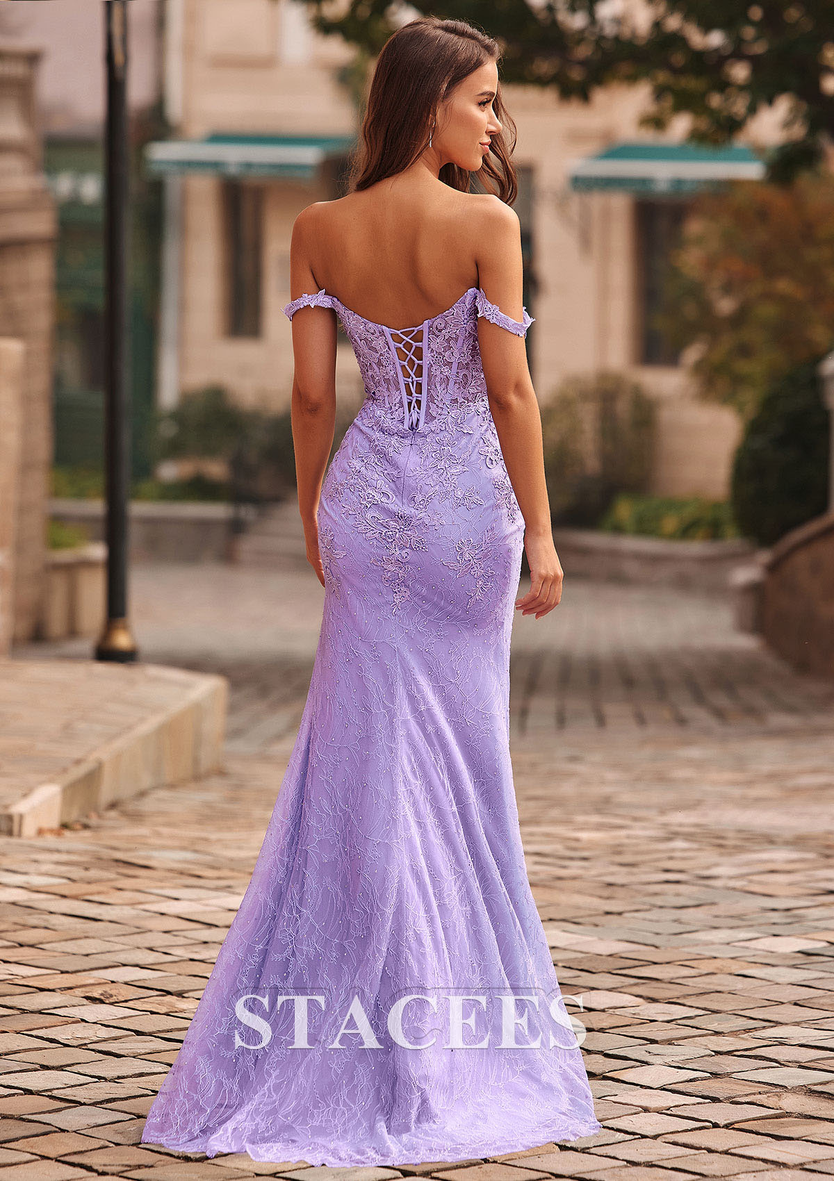 Lilac Trumpet/Mermaid Off-the-Shoulder Lace Sweep Train Prom Dress with Beading Split - STACEES