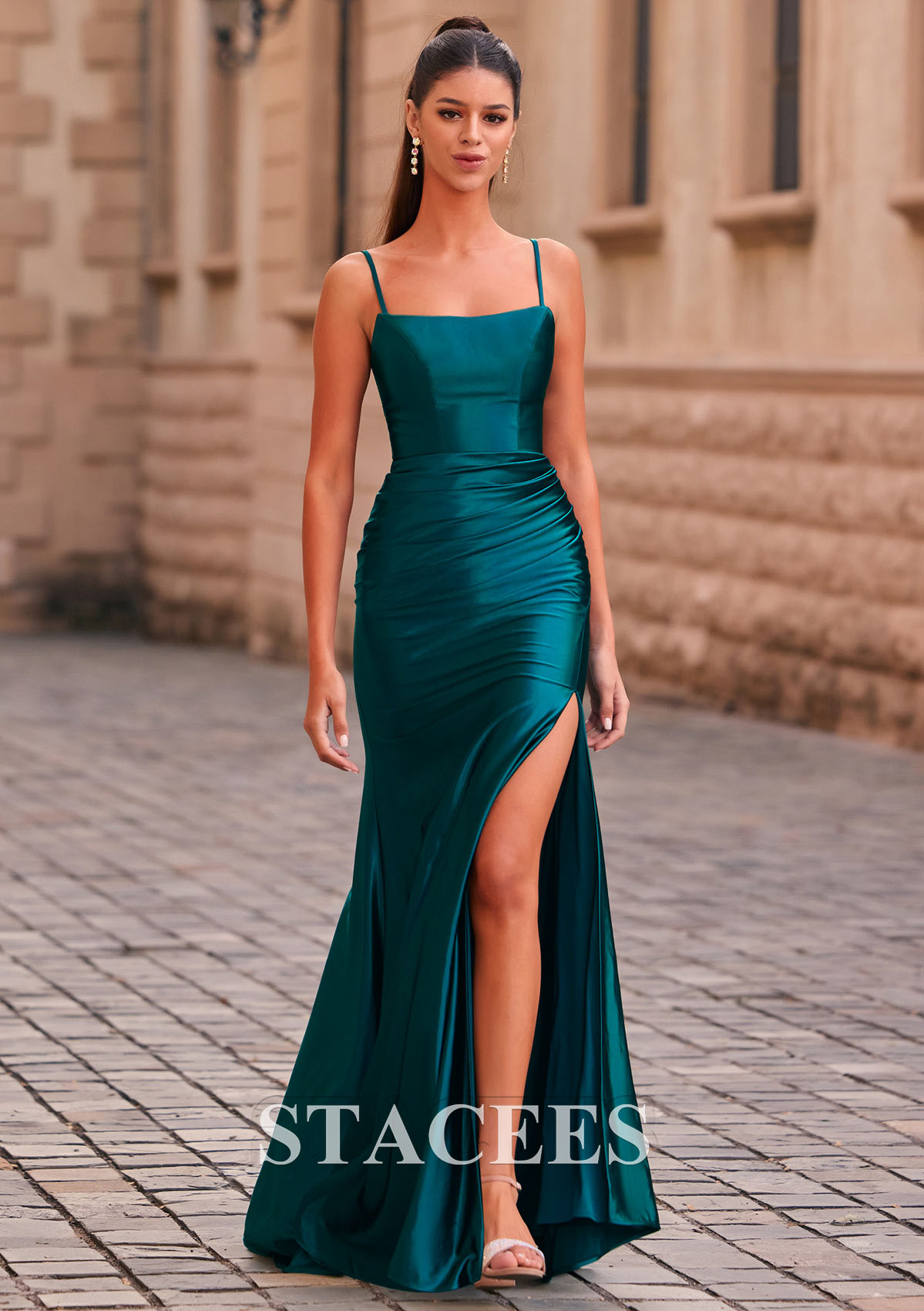 Peacock Corte trompeta/sirena escote redondo seda como el satén hasta el suelo vestido de graduación - STACEES